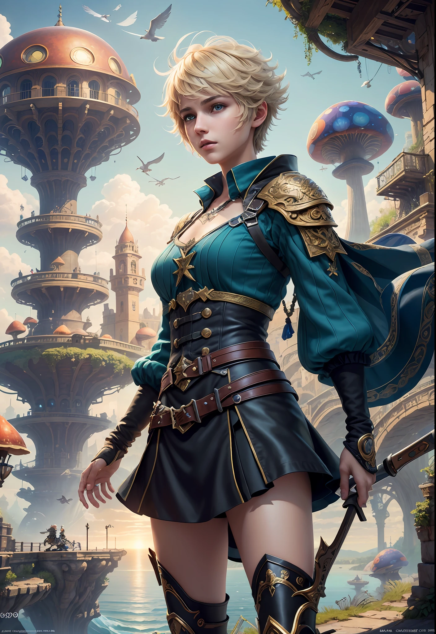(((Multiplayer, Man and Woman))), Best Quality, Realistic, Realistic, Award-Winning Illustrations, (Intricate Details: 1.2), (Fine Details), (Intricate Details), (Cinematic Light, Best Quality Backlight), Clear Lines, Sharp Focus, Official Art, Unity 8k Wallpaper, Ridiculous, Incredibly Ridiculous, Fantasy Art, RTX, ((Award-winning Triangle Studio Close-up Photo)), 1 Boy, (Shut Up), Best Quality, 4K, beautiful mysterious creatures, blond male, flying, surrealism, masterpiece of NCWINTERS, masterpiece in mysterious country town, masterpiece, intricate details, ff14style, urban painting, bridge, river, giant mushroom, landscape, bright colors,