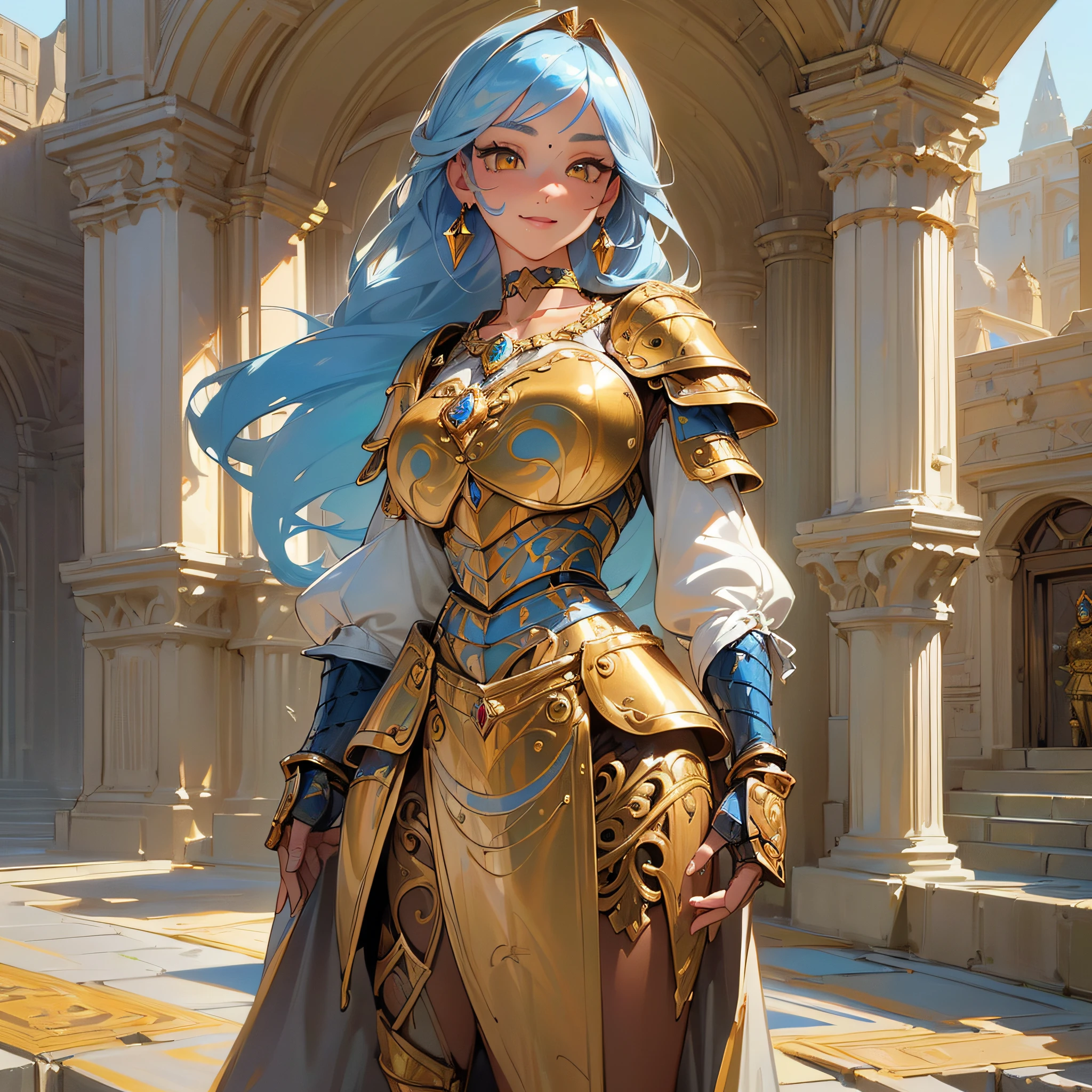 (RAW photo: 1.2), (photorealistic: 1.6), (masterpiece: 1.3), (best quality: 1.4), HI-RES, HDR, 8k resolution, check comment, (intricate details: 1.6), (volumetric light), random place, 1girl, standing, full body shot, (wind: 1.4), (closeup:1.6), (beautiful face:1.8), (detailed face:1.6), (detailed bright eyes:1.5), (eyelashes:1.4), (smiling:1.3), (detailed long light blue hair), (large chest:1.5),  (golden medieval armor:1.5), (feminine and muscular:1.5), (realistic human skin:1.6), (detailed eyes), (detailed facial features), (detailed clothing features), (choker), (necklace), (earrings), (bracelet), --auto --s2