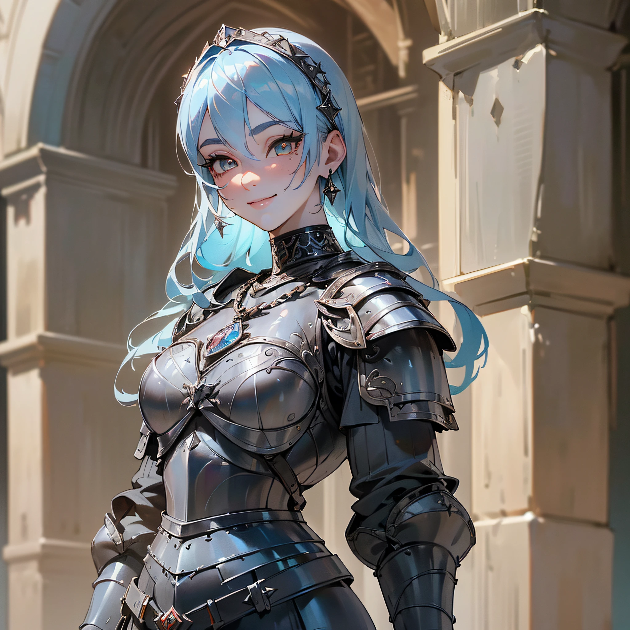 (RAW photo: 1.2), (photorealistic: 1.6), (masterpiece: 1.3), (best quality: 1.4), HI-RES, HDR, 8k resolution, check comment, (intricate details: 1.6), (volumetric light), random place, 1girl, standing, full body shot, (wind: 1.4), (closeup:1.6), (beautiful face:1.8), (detailed face:1.6), (detailed bright eyes:1.5), (eyelashes:1.4), (smiling:1.3), (detailed long light blue hair), (large chest:1.5),  (black medieval armor:1.5), (female and muscular:1.5), (realistic human skin:1.6), (detailed eyes), (detailed facial features), (detailed clothing features), (choker), (necklace), (earrings), (bracelet), --auto --s2