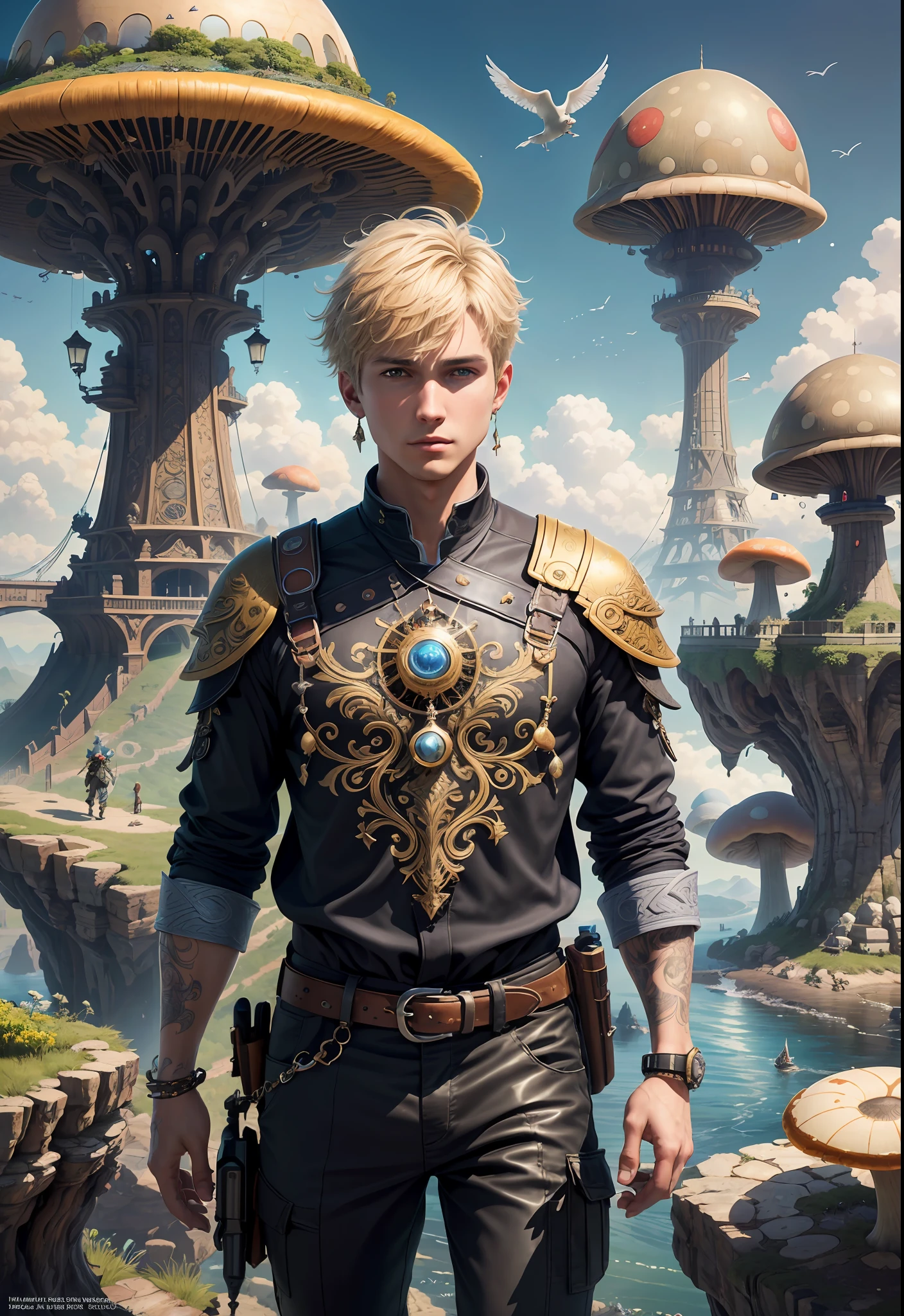 (((Multiplayer, Man and Woman))), Best Quality, Realistic, Realistic, Award-Winning Illustrations, (Intricate Details: 1.2), (Fine Details), (Intricate Details), (Cinematic Light, Best Quality Backlight), Clear Lines, Sharp Focus, Official Art, Unity 8k Wallpaper, Ridiculous, Incredibly Ridiculous, Fantasy Art, RTX, ((Award-winning Triangle Studio Close-up Photo)), 1 Boy, (Shut Up), Best Quality, 4K, beautiful mysterious creatures, blond male, flying, surrealism, masterpiece of NCWINTERS, masterpiece in mysterious country town, masterpiece, intricate details, ff14style, urban painting, bridge, river, giant mushroom, landscape, bright colors,