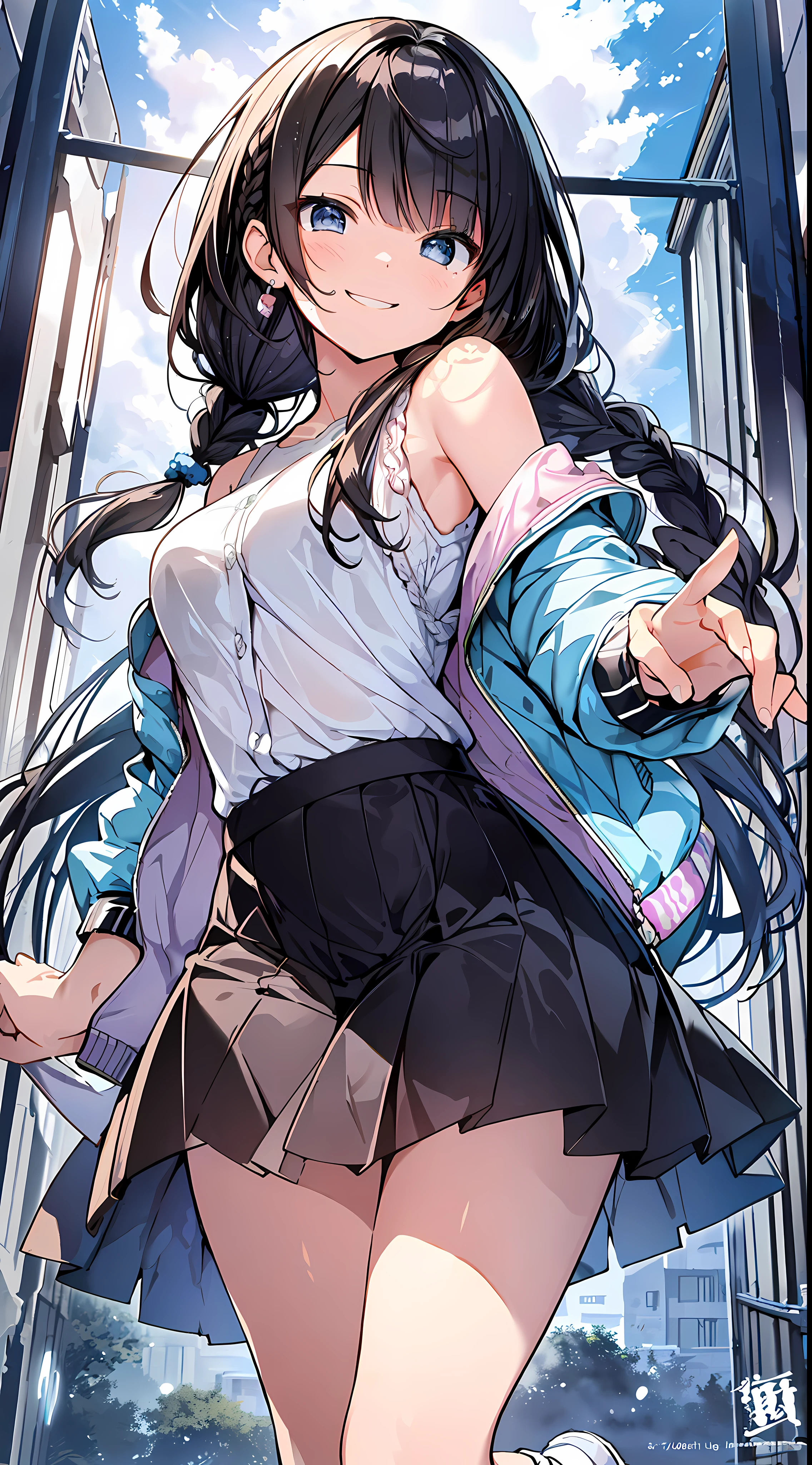 Top Quality, Masterpiece, Ultra High Definition, 8K, Summer Sky, Early Summer, (Flared Skirt, Jacket, Sneakers), Shojo Manga Style Loli, One, Soft Line Art, Digital Enhancement, Shojo Manga Touch, Shojo Manga Core, Flowing Fabric, Close Up, (Hair length to shoulders and short braid)), Wet hair, Soft drawing, Beautiful black hair, Clear eyes, (((teasing smile)) , Ultra-detailed digital anime art, clear face depiction, ultra-detailed shoujo manga character art, clear facial features, ultra-detailed manga style, top quality colors, hand gestures, landscape with nature, looking up at the sky, foot-up angle
