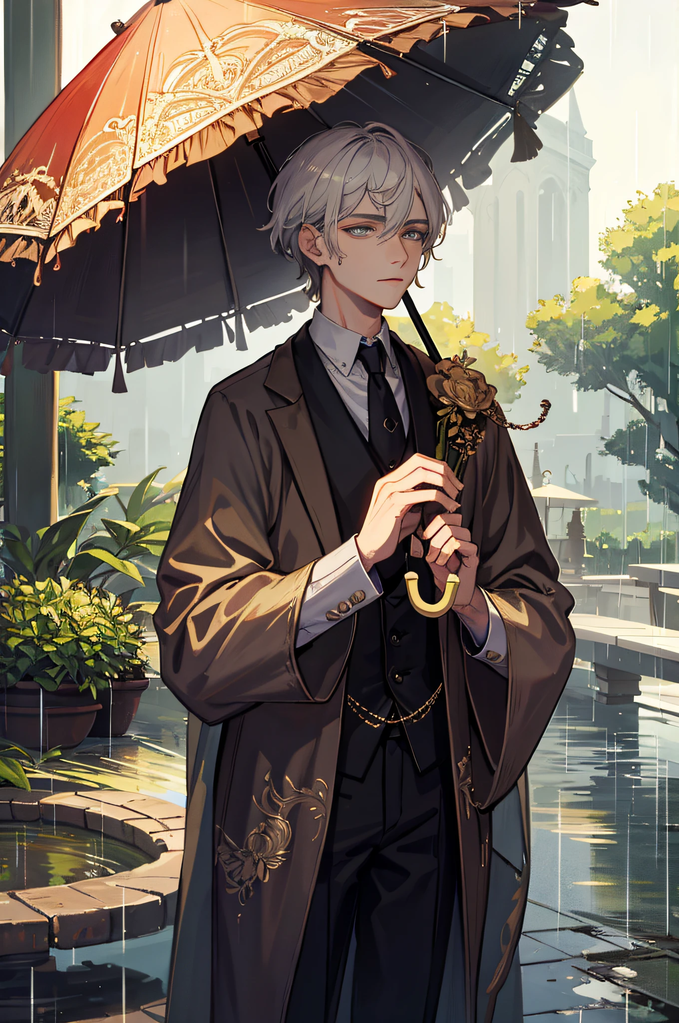 Antique beautiful man holding an umbrella Rain tears Pavilion with delicate face sad Antique young man