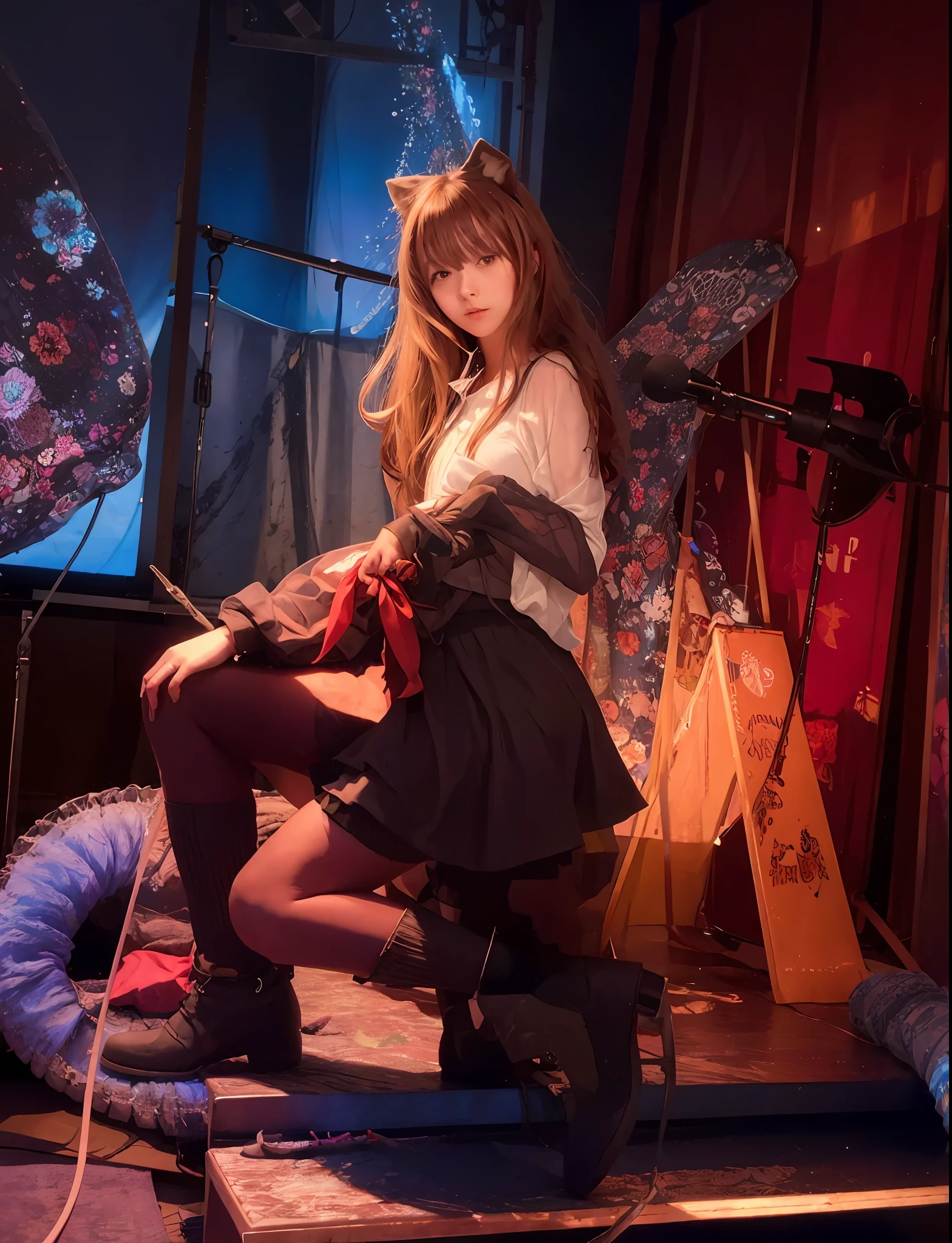 araffe sitting on a stage with a guitar and a microphone, holo is a wolf girl, ayaka cosplay, holo if a wolf girl, asuka langley soryu, kemonomimi, anime girl cosplay, asuka langley, sh, by Kamagurka, e - girl, asuka langley souryuu
