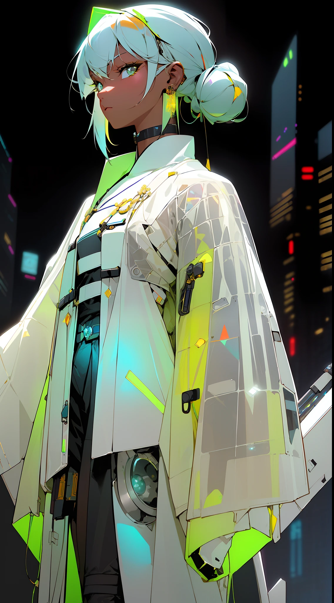 ((Cyberpunk style, robotic arm, holographic aura, surreal sci-fi art, futuristic sci-fi aesthetics)), (1 girl solo), close-up, (resolute eyes), (ancient Chinese clothes, white robe, embroidered collar Uesugi, white large-sleeved shirt, streamers), (hairpin, long black hair, weapons), (Hanfu), (clear facial features, detailed skin texture, beautiful face), white background, earrings, yellow skin, standing, (masterpiece, top quality, best quality), (((flat color))),