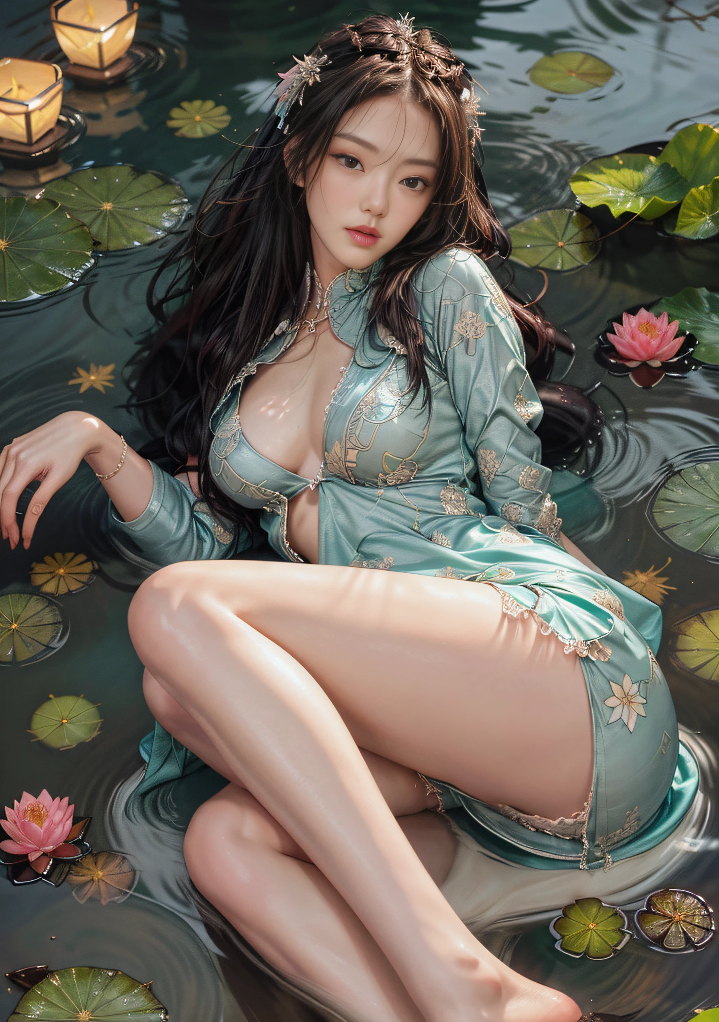 Lying on the shore of a lake full of lotus flowers, feet playing in the water, art depicts a charming woman with 2 hands, 2 legs, delicate face, normal face, wearing a flowing, silky traditional oriental dress, long, taro purple, decorated with intricate patterns and bright colors. Her dress drapes elegantly over her curvy figure, accentuating her seductive silhouette. She sits gracefully by the tranquil lotus lake, her feet playing in the water, bathed in the soft glow of the moonlight. The scene exudes an ethereal and dreamy atmosphere, with a touch of mystery and sexiness. The graphic style blends watercolor and digital illustration techniques to evoke a refined beauty and charm. The lights are filled with soft moonlight, casting soft highlights and shadows on her charming features. Exposed thighs, large breasts, three-dimensional facial features, upturned legs, side braids