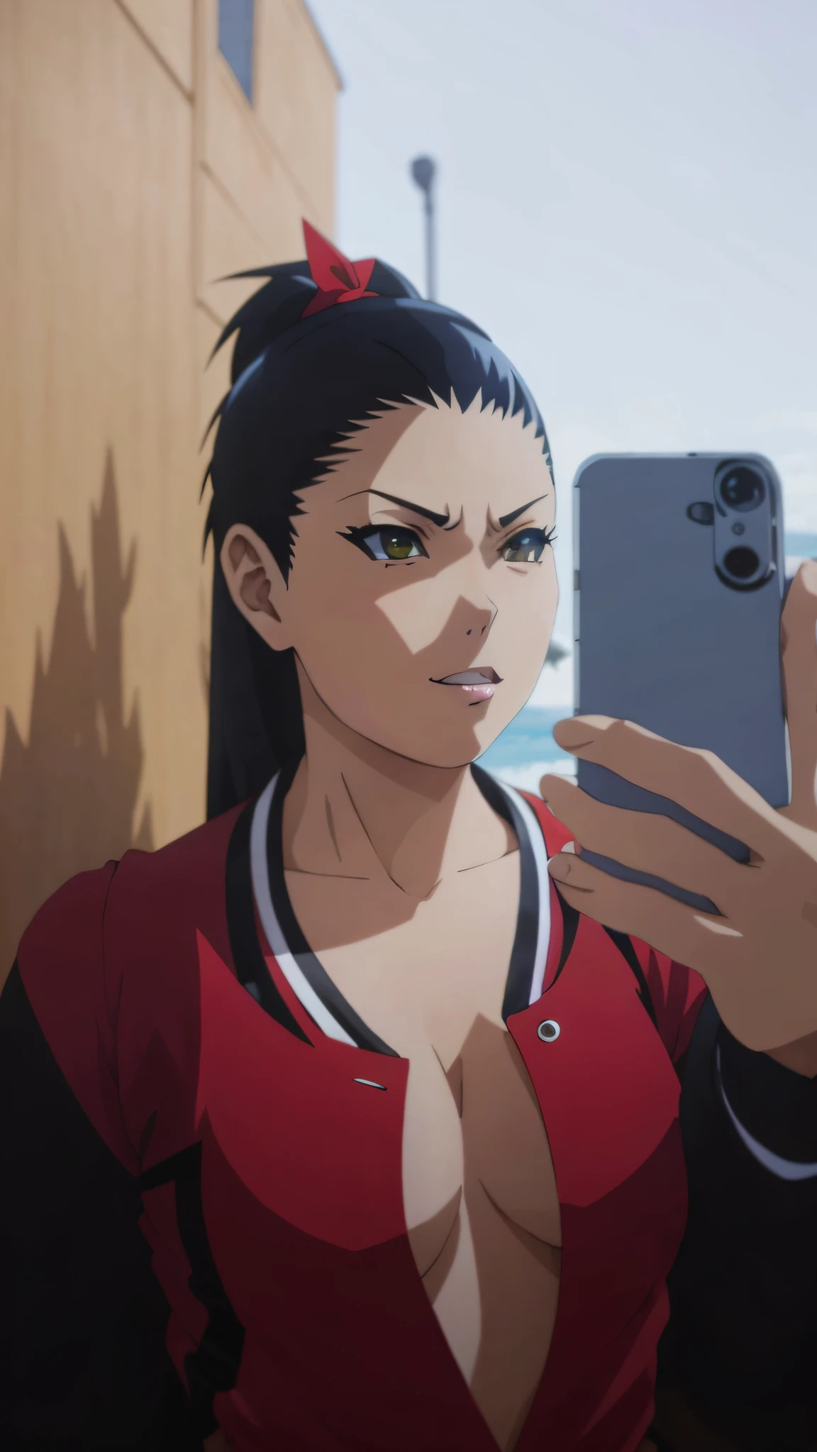 "(high resolution, anime style, masterpiece), detailed style, [transferred style: white skin], dynamic pose, dynamic angle, 1girl, [red and black hair], facial beauty, gradient scenery, watercolor touches."