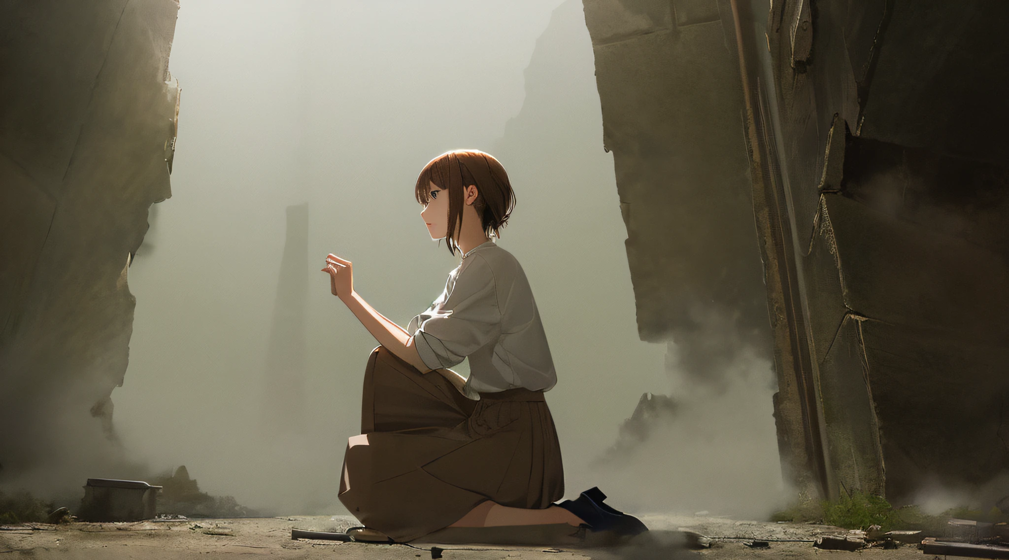 Detailed and perfect anime style illustration, brown short hair, very cute young woman, perfect round eyes, female focus, solo, wearing gray shirt and gray long skirt. Sitting on the ground with knees, kneeling with both hands, daydreaming, mysterious background wrapped in dramatic and fantastic mist, brown cracked wall in background, large rubble scattered around, dramatic lighting Makoto Shinkai
