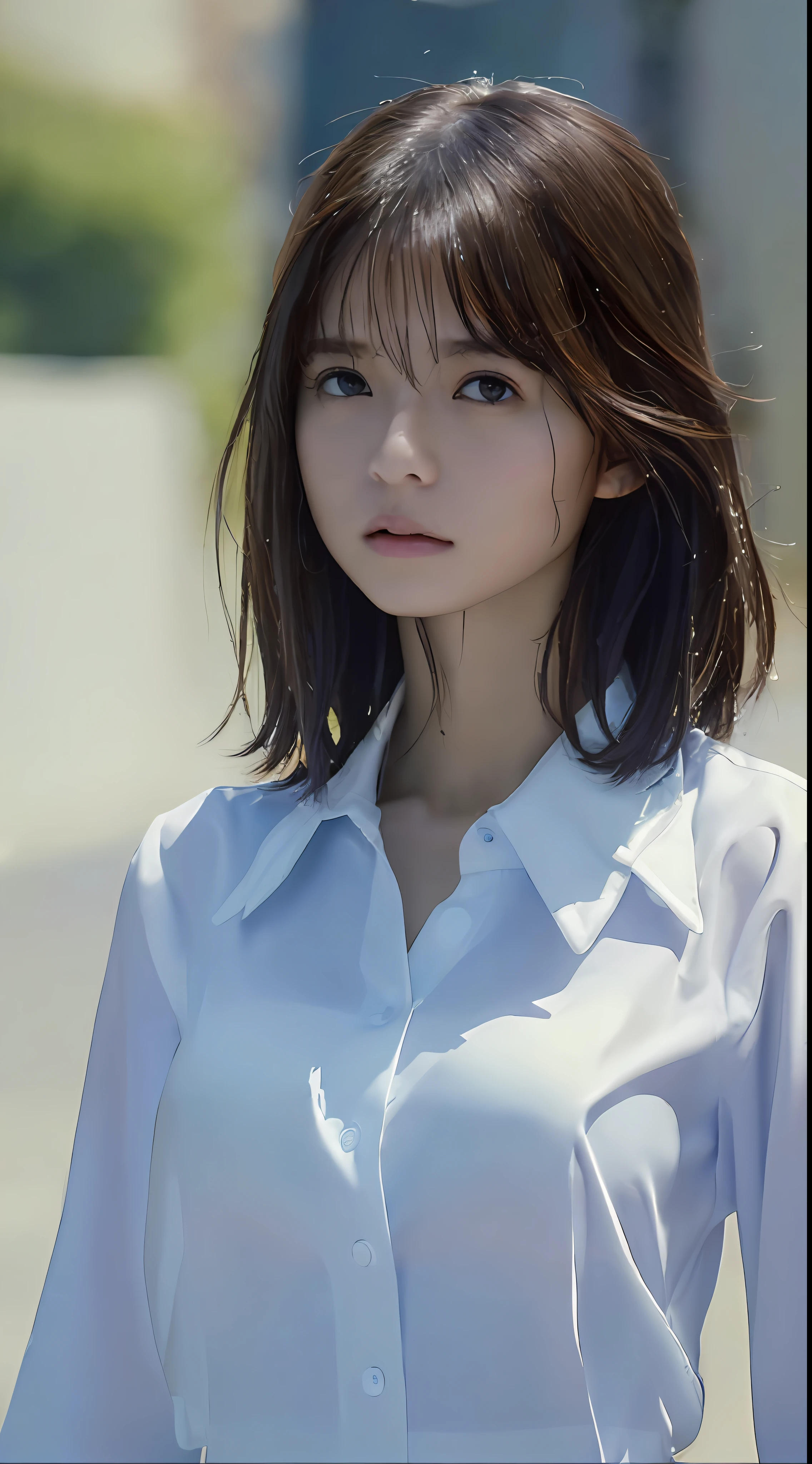 ((Best quality, 8k, Masterpiece :1.3)), Sharp focus :1.2, A pretty woman with perfect figure :1.4, Slender abs :1.2, ((Layered haircut, Big breasts :1.2)), (Wet white button up long shirt :1.1), (Rain, Street:1.2), Wet body :1.5, Highly detailed face and skin texture, Detailed eyes, Double eyelid