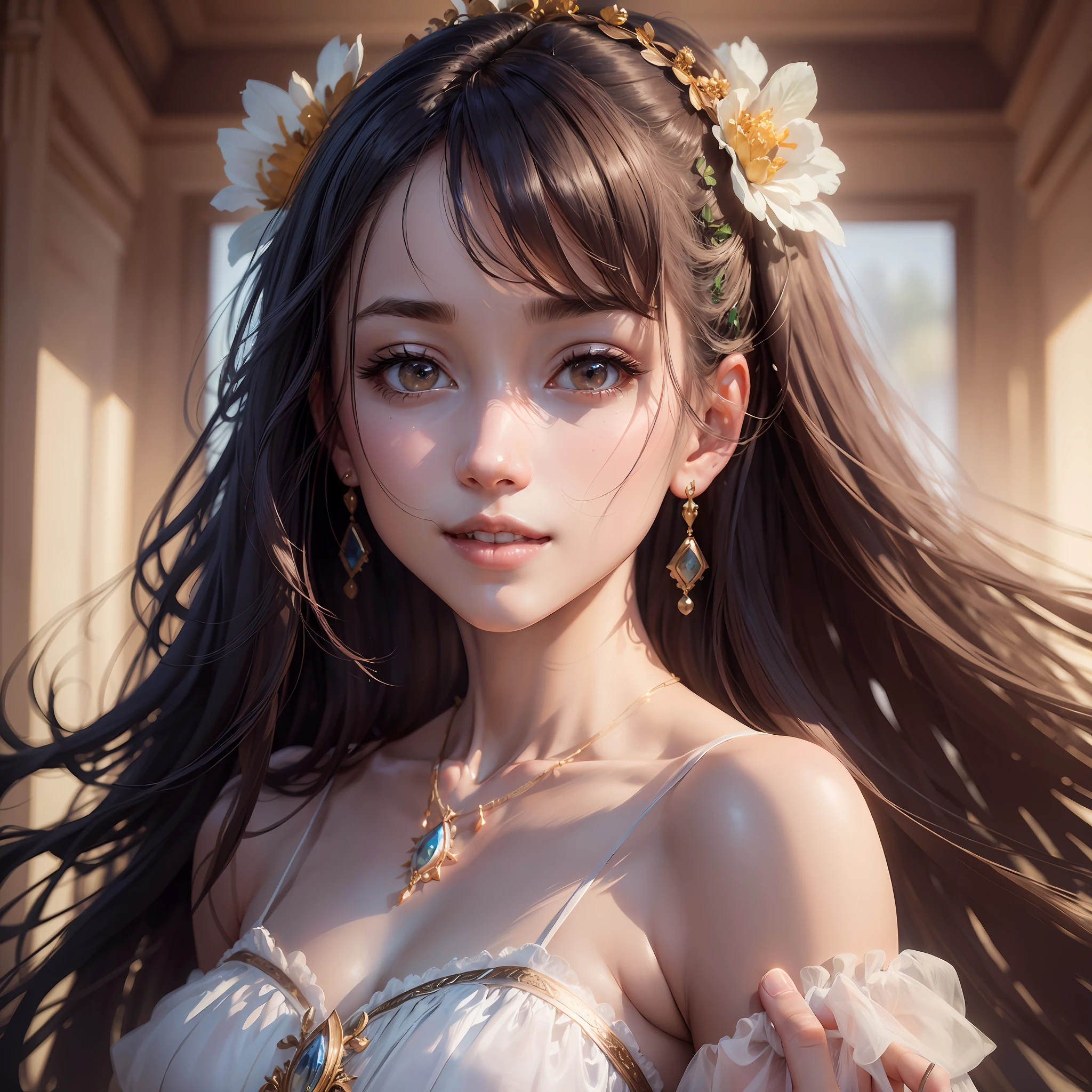 Best Quality, Masterpiece, High Resolution, 1girl, Clear Silk Porcelain Dress, Pretty Face, Hair Accessory, Look at Viewer, Smile, Close Mouth, Lips, Dress, Hair Accessories, Necklace, Jewelry, Long Hair, Earrings, Beautiful Face, Body, Full Body Drawing, Tindal Effect, Realism, Shadow Studio, Edge Lighting, Two-Color Lighting, (High Detail Skin: 1.2), 8k UHD, DSLR, Soft Light, High Quality, Volume Lighting, Photo, High Resolution 4K, 8K, Blurred Background --auto --s2