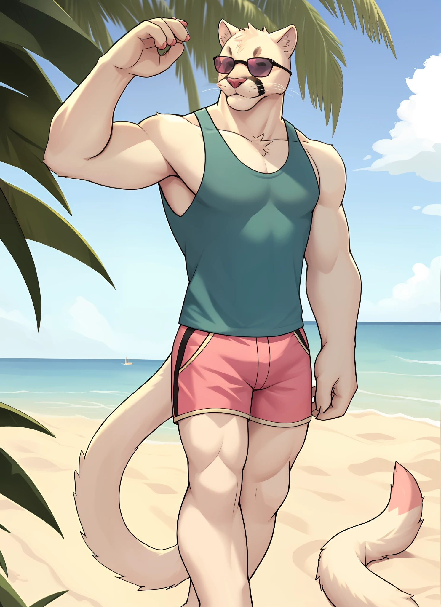 Super duck, (solo), pink tank top, shorts, male focus, beach, sunglasses, (white skin), tail, feline tail,