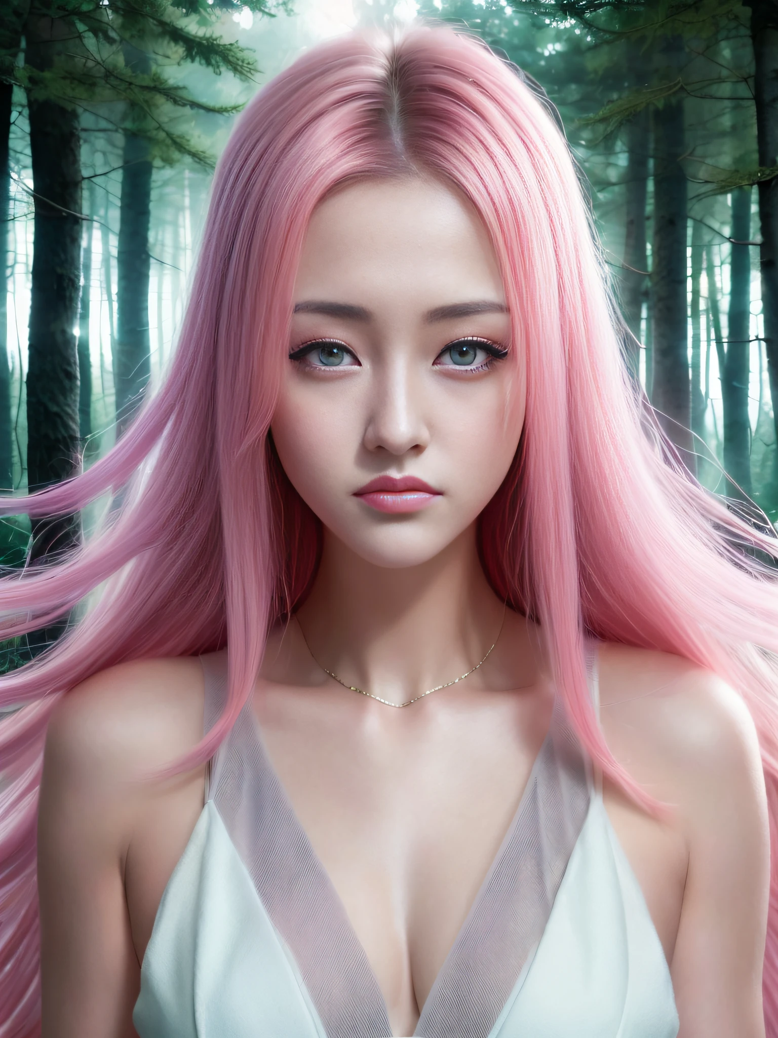 Beautiful portrait of anime girl, cute, long pink hair, very soft symmetrical face, symmetrical eyes, two identical symmetrical eyes, portrait, beautiful girl, artstation, trend in artstation, gorgeous, smooth skin, cute, long hair, fantasy style, pastel color, forest background, FHD, --version 3 --AR 2:3 --upward light --stylized 1250