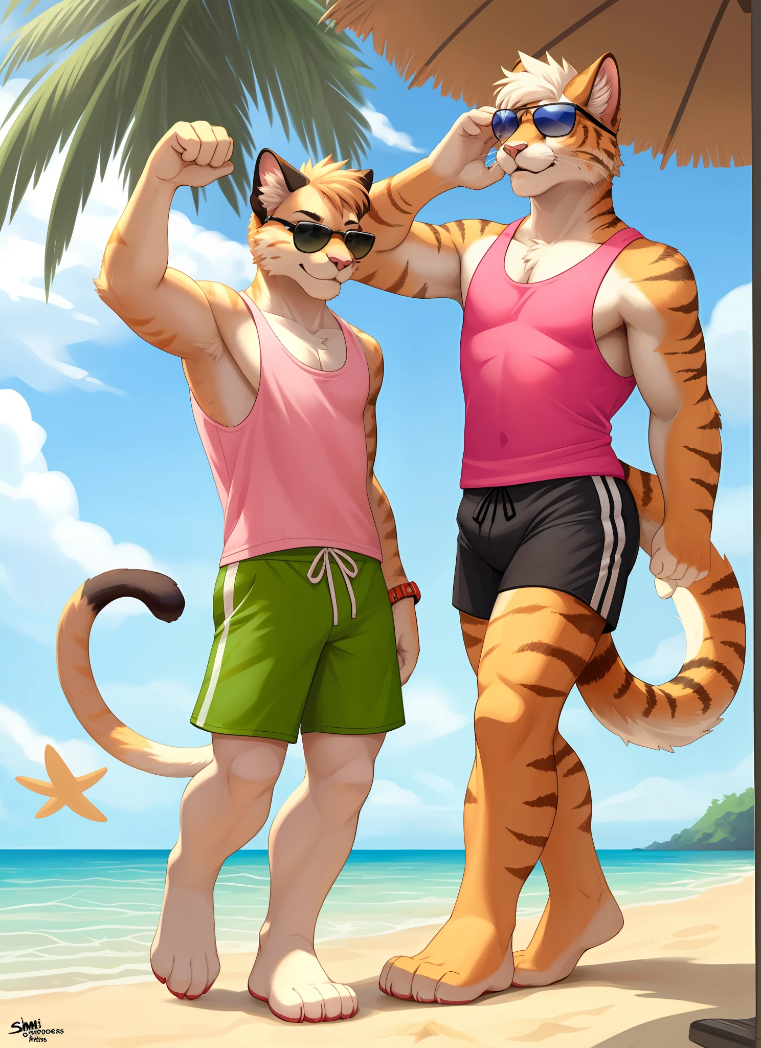 Sam Ayers, (solo), pink tank top, shorts, male focus, beach, sunglasses, (white skin), tail, feline tail, make a super duck