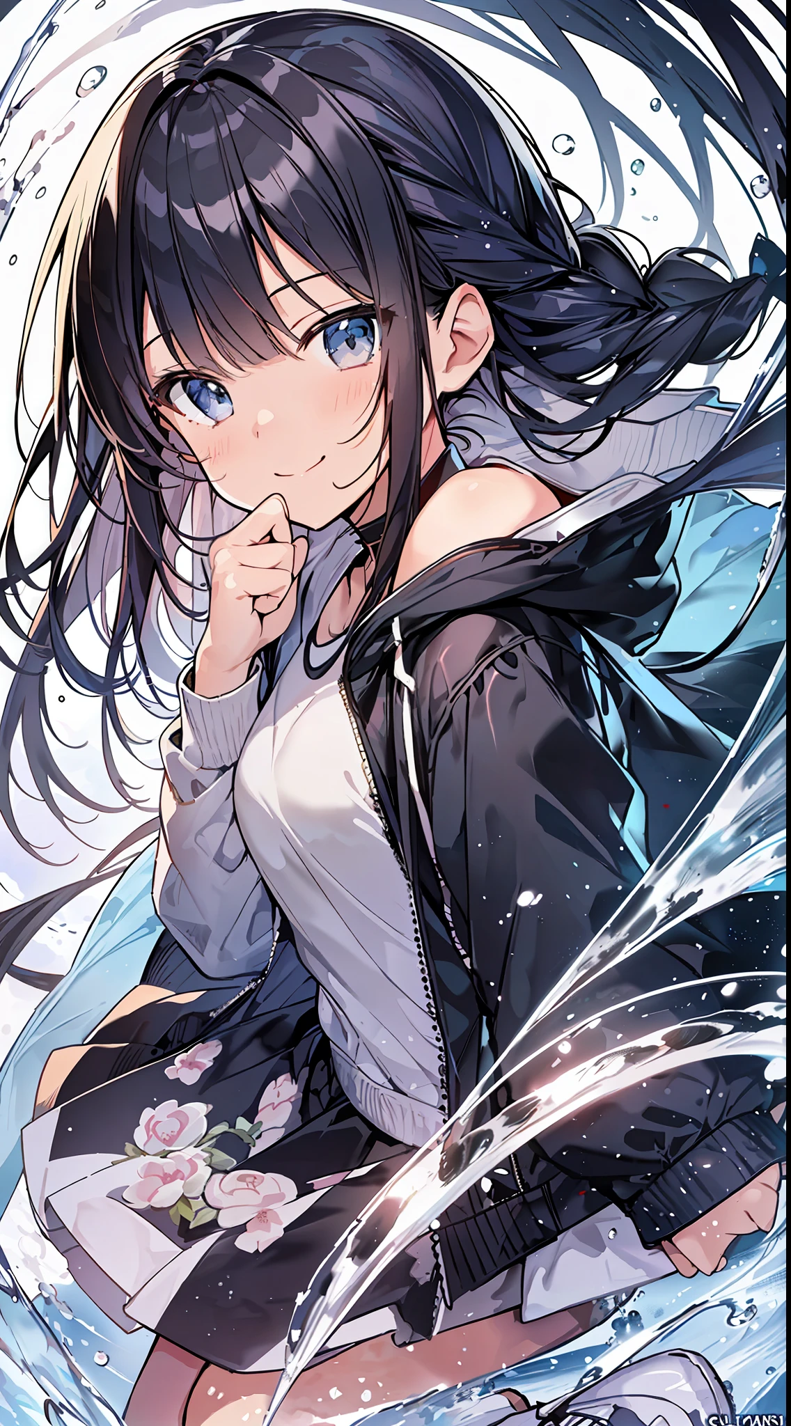 Top Quality, Masterpiece, Ultra High Definition, 8K, Summer Sky, Early Summer, (Flared Skirt, Jacket, Sneakers), Shojo Manga Style , One, Soft Line Art, Digital Enhancement, Shojo Manga Touch, Shojo Manga Core, Flowing Fabric, Close Up, (Hair length to shoulders and short braid)), Wet hair, Soft drawing, Beautiful black hair, Clear eyes, (((teasing smile)) , Ultra-detailed digital anime art, clear face depiction, ultra-detailed shoujo manga character art, clear facial features, ultra-detailed manga style, top quality colors, hand gestures, landscape with nature, looking up at the sky, foot-up angle