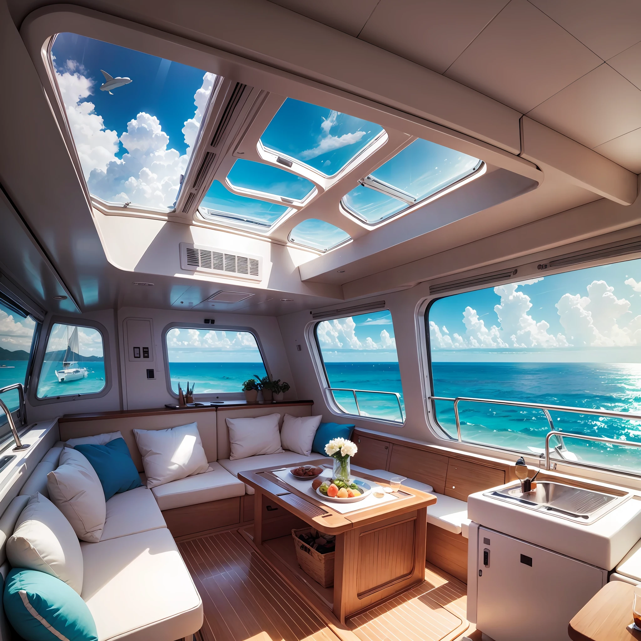 Catamaran boat sailing, open sea, sunny day, , high resolution, crystal clear ocean, no people, ocean with dolphins --auto --s2