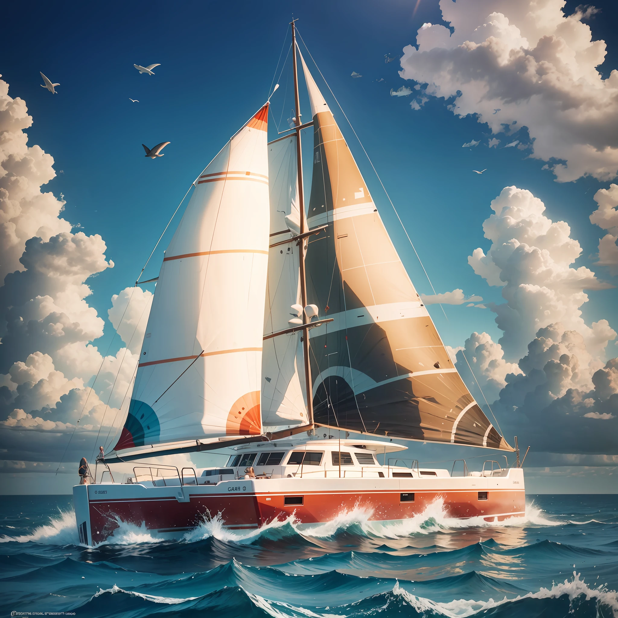 Catamaran boat sailing, open sea, sunny day, , high resolution, crystal clear ocean, no people, ocean with dolphins --auto --s2