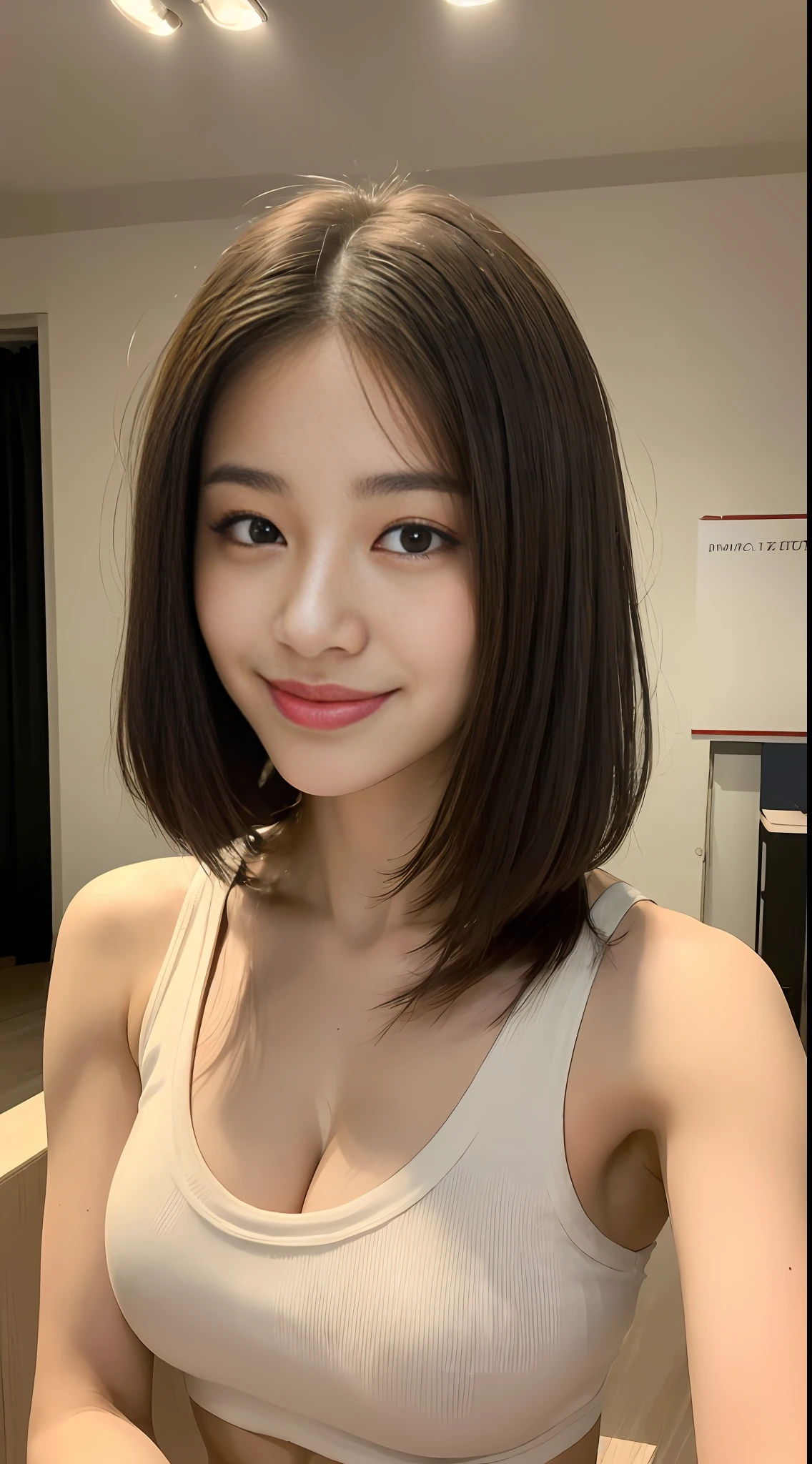 ((Best quality, 8k, Masterpiece :1.3)), 1girl, Beautiful woman with slim abs: 1.3, (long hair, big breasts: 1.2), oversized tank top:1.2, super delicate face, delicate eyes, double eyelids, smile, home, (kissing audience: 1.1)