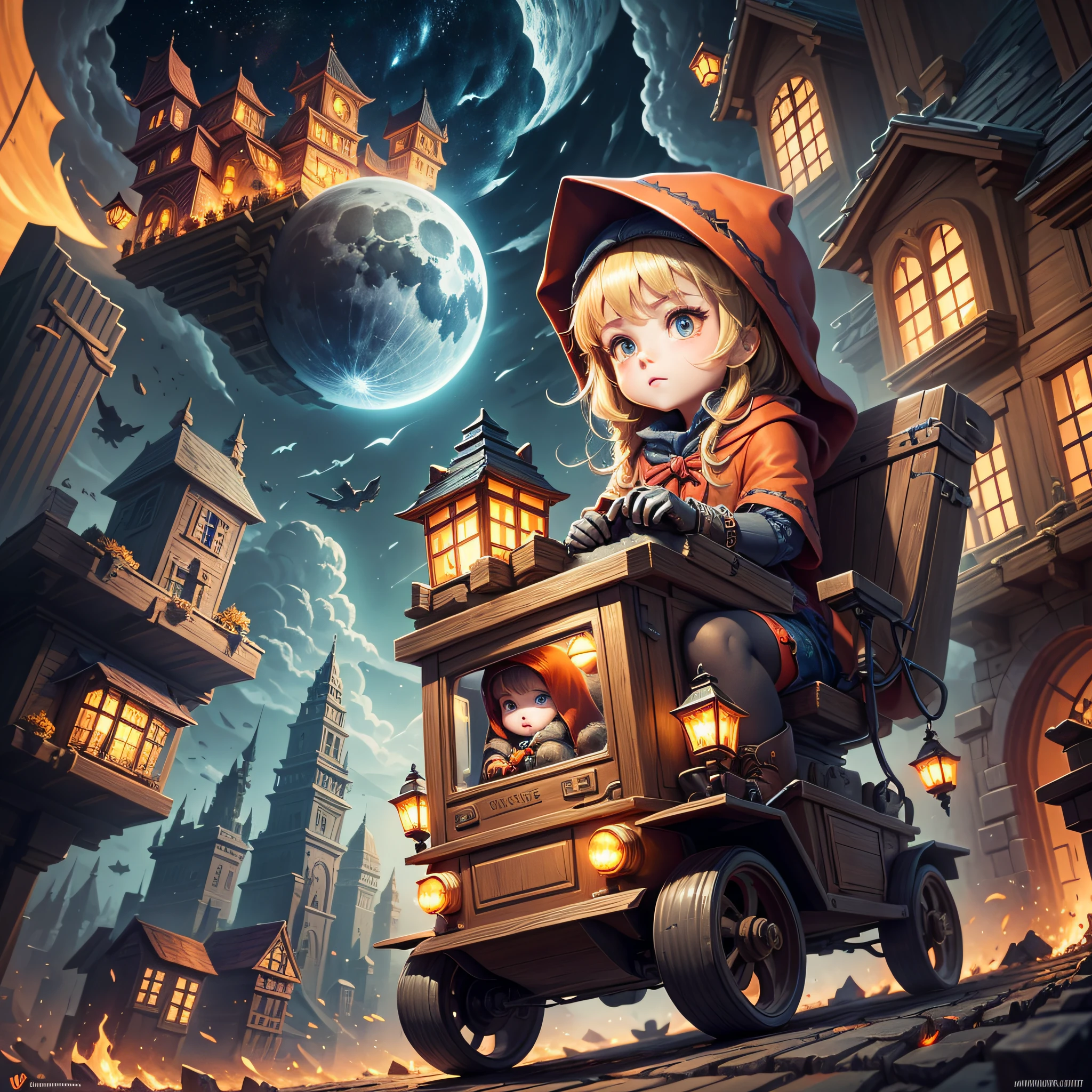 Poster, background dark night moon dark style, two-dimensional, an orange cute metallic-textured minecart flying in the air, Little Red Riding Hood driving a minecart, cartoon cute, a lot of details, obvious sense of space before and after, the picture should have impact --auto --s2