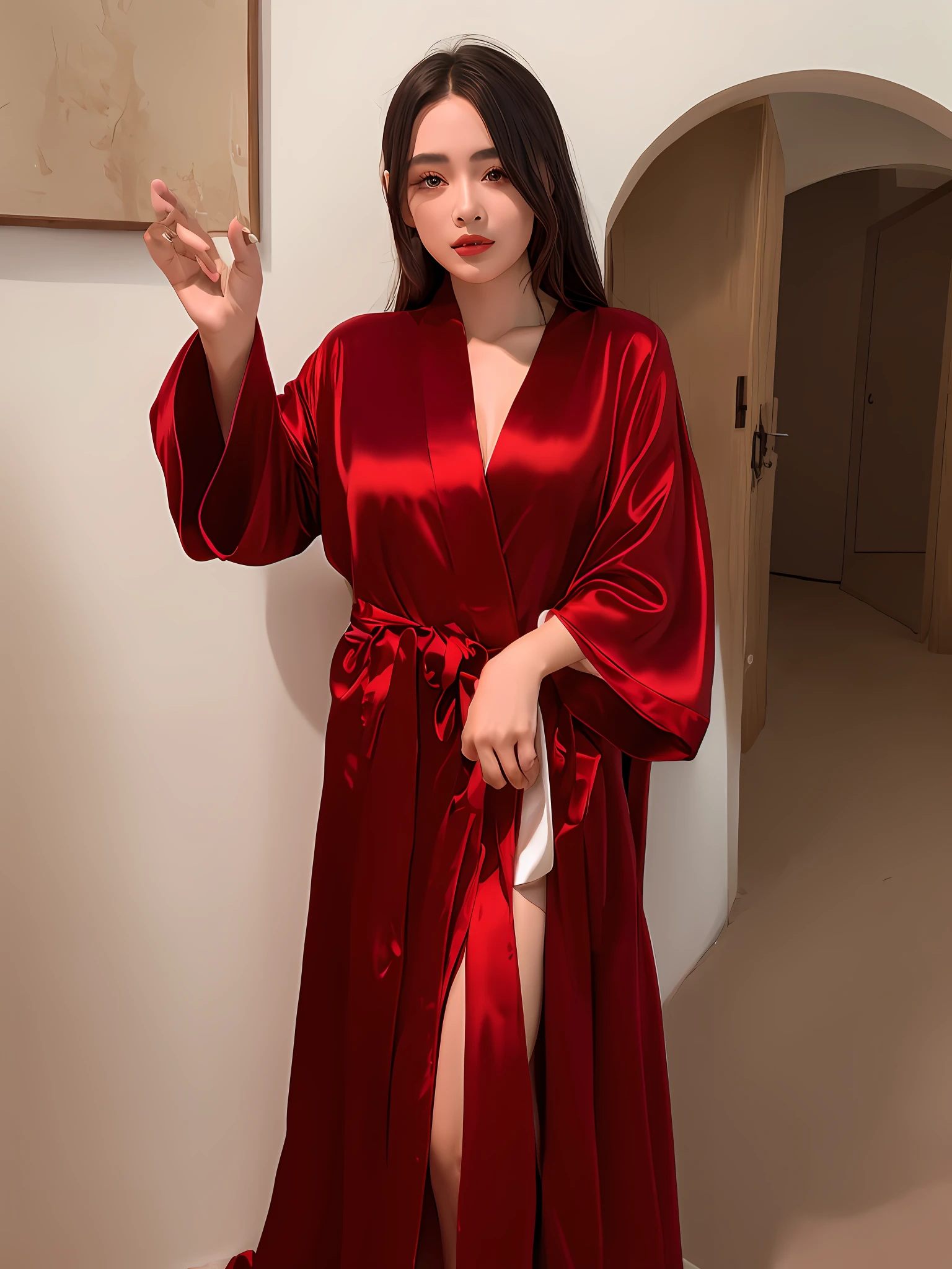 Alafi woman posing for a photo in a red robe, red robe, silk robe, dark silk robe, luxurious silk robe, simple robe, smooth robe, simple robe, fuchsia silk robe, silk robe, flowing robe, red robe, --auto --s2