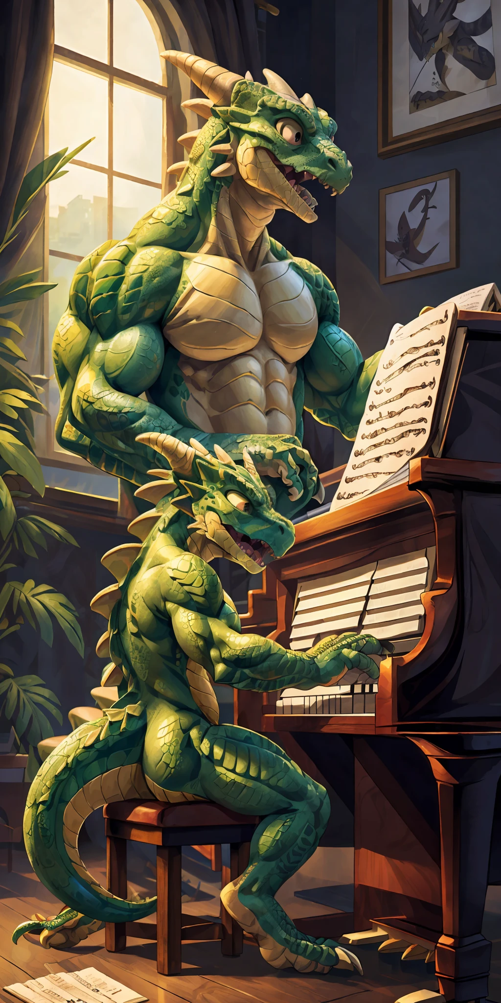 Top Quality, High-quality illustrations by Michelangelo, by Johannes Vermeer(Anthro: 1.7)furry explicit((kobold))high res(detailed eyes expressive eyes)insane details(cinematic lighting)lizard man kemono((father and child, lizard man play the piano, staring Musical score, singing))(piano:1.2)((lizard Facial Features, lizard Body Features))(Dense and Detailed Muscles))(hyper realistic scales:1.3)(detailed scales:1.2)(scale covered body)(kobold face)(kobold features)(expressive face, detailed face)(serious expression, downcast expression)from side, piano stool, indoors, window,