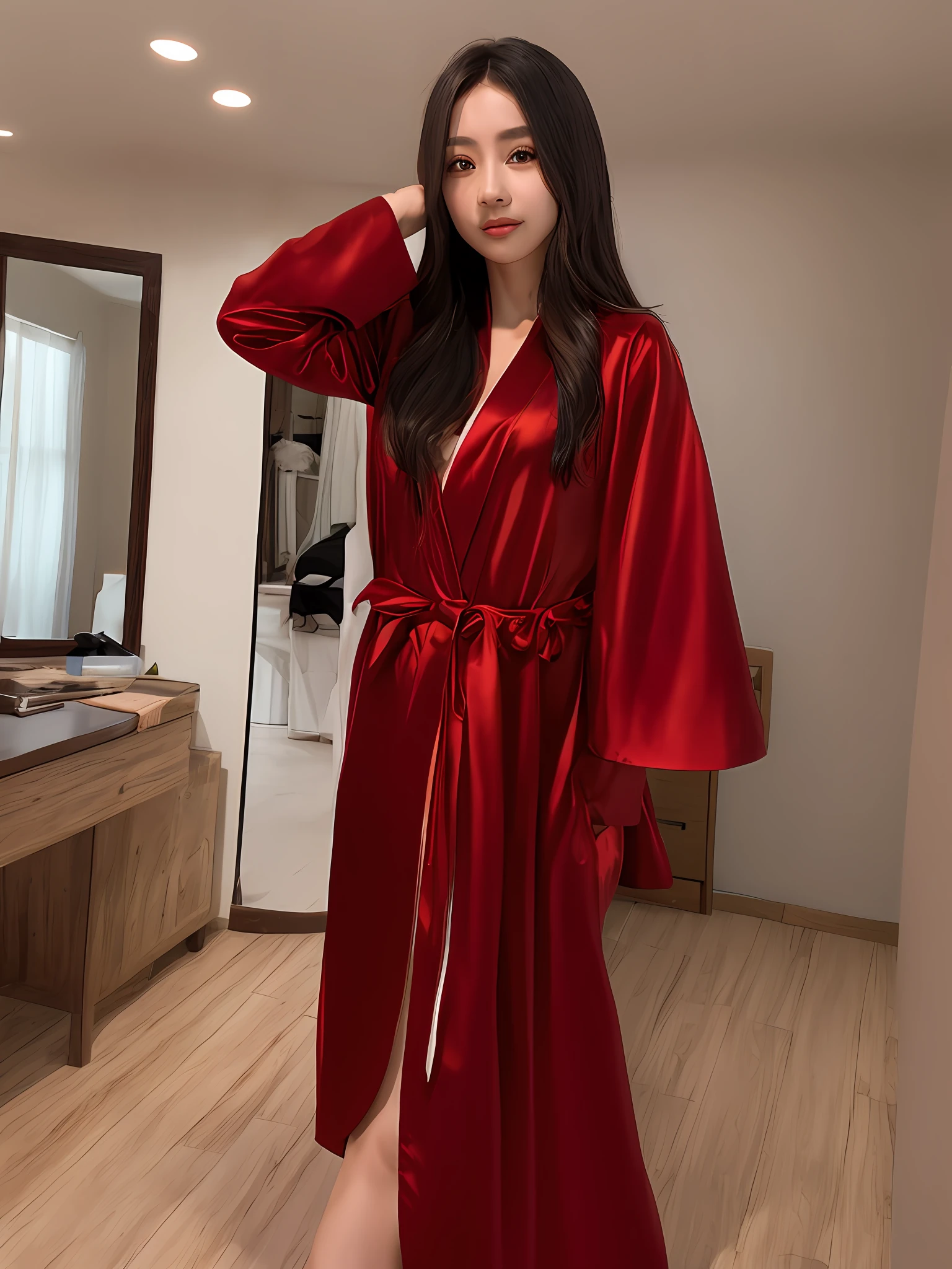 Alafi woman posing for photo in red robe, red robe, bedroom background --auto --s2