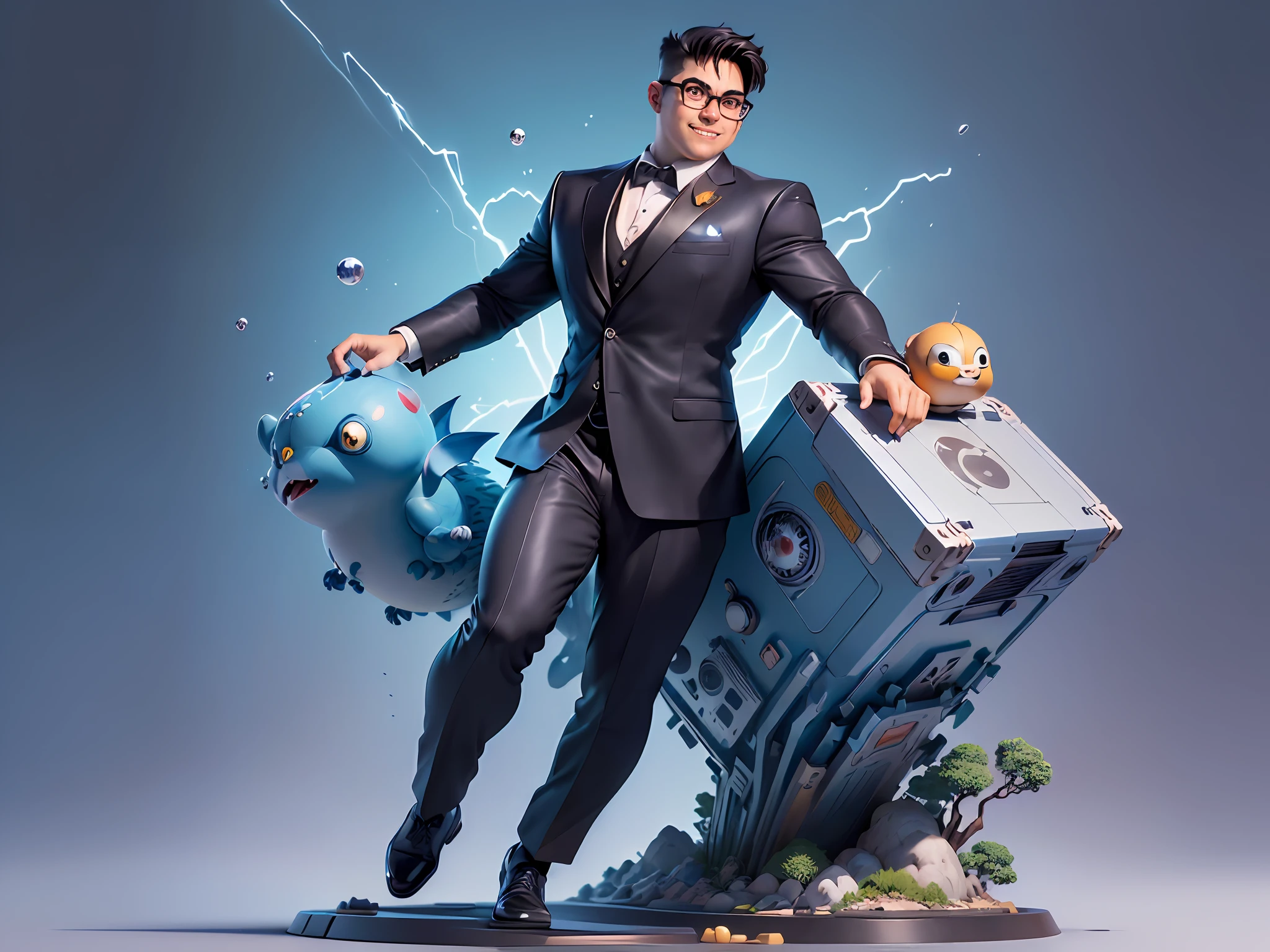 (((Masterpiece), (Excellent), (Super Meticulous), (Full Body: 1.2), Super Young Man, Oriental Face, Japanese Wind and Thunder God, Dragon, Tiger, TV Anchor, Bust Portrait Illustration, Alone, Black Formal Suit, Blue Tie, Slightly Chubby Face, Silver Glasses Face Very Clean No Beard, Black Super Short Hair, Black Eyes, Confident Smile, 3c Computer Sub-Products, iPad, iPhone, Digital Painting, 3D Character Design by Akira Toriyama and Mark Claireden and Pixar and Hayao Miyazaki, The illustration is a high-definition illustration in 4K resolution with very detailed facial features and cartoon-style visuals.