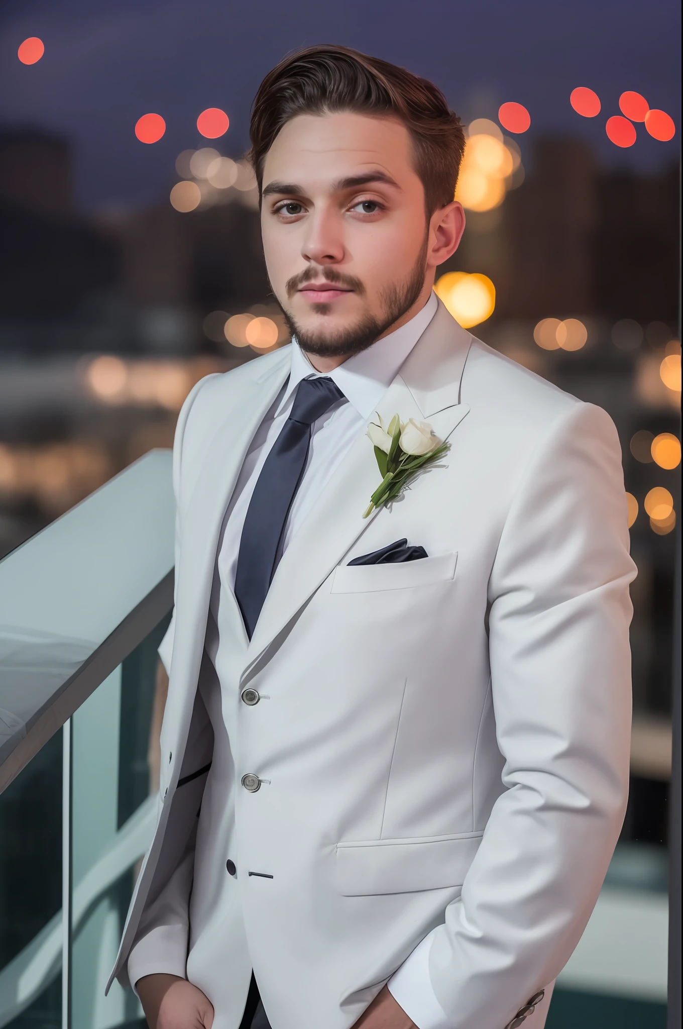 Raw midnight photo of a 26-year-old man in a white suit, at a rooftop mansion party at night, 8k uhd, perfect face, dark brown eyes, clean shaven,
