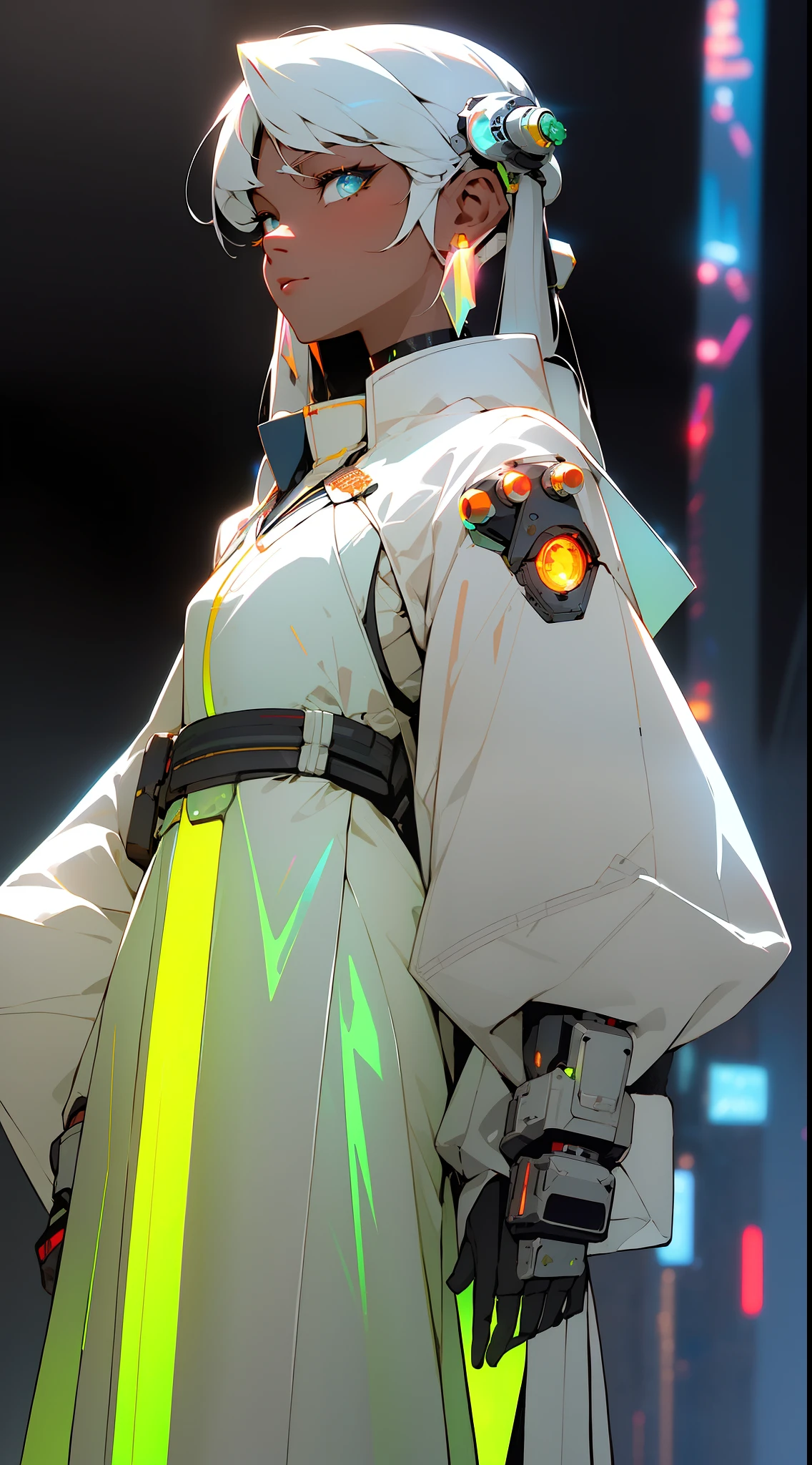 ((Cyberpunk style, robotic arm, holographic aura, surreal sci-fi art, futuristic sci-fi aesthetics)), (1 girl solo), close-up, (resolute eyes), (ancient Chinese clothes, white robe, embroidered collar Uesugi, white large-sleeved shirt, streamers), (hairpin, long black hair, weapons), (Hanfu), (clear facial features, detailed skin texture, beautiful face), white background, earrings, yellow skin, standing, (masterpiece, top quality, best quality), (((flat color))),