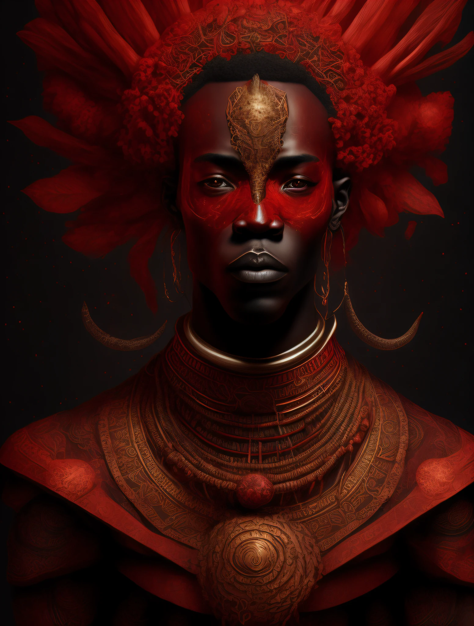 Exu the African Orixá, strong man, Orisha of harmony between spirits and men of the earth, red and black colors, messenger, wearing a detailed and intricate ade, truculent, ironic look, cosmic god, astrophotography
