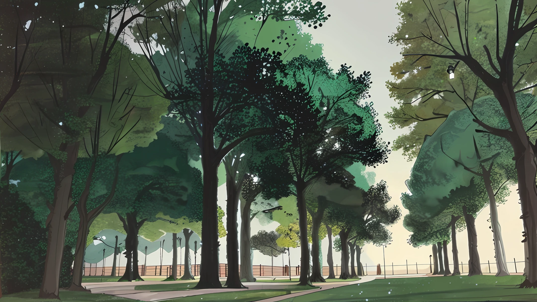 Thick comic book style, quiet campus, trees and grass, night, lights, corridors, teaching buildings, in China