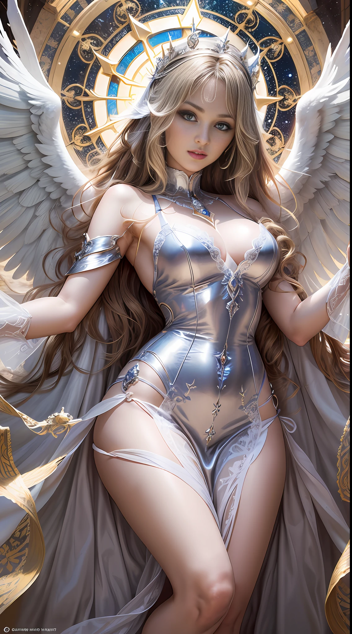 Hello, IA! Please create a creature of light, a beautiful angel of light, a magical spirit of light, is a character full of a sense of justice and divine power, she is usually depicted as a beautiful female angel with wings and long hair, wearing a shining white robe and golden armor, gentle eyes, beautiful eyes, the image of the royal sister angel is very beautiful and noble, her face is usually depicted very soft, pure and elegant. Her divine power is also very powerful and is often used to protect and help those in need. Explore your creativity and depict this mysterious and fictional creature. Use vibrant colors, unique shapes, and fun textures to make your images unique and engaging. I am glad to see your artistic interpretation of the whole body, light, random dynamic poses, shining halos, beautiful and noble angels, magical light magic, perfect spell casting, blessing prayer,