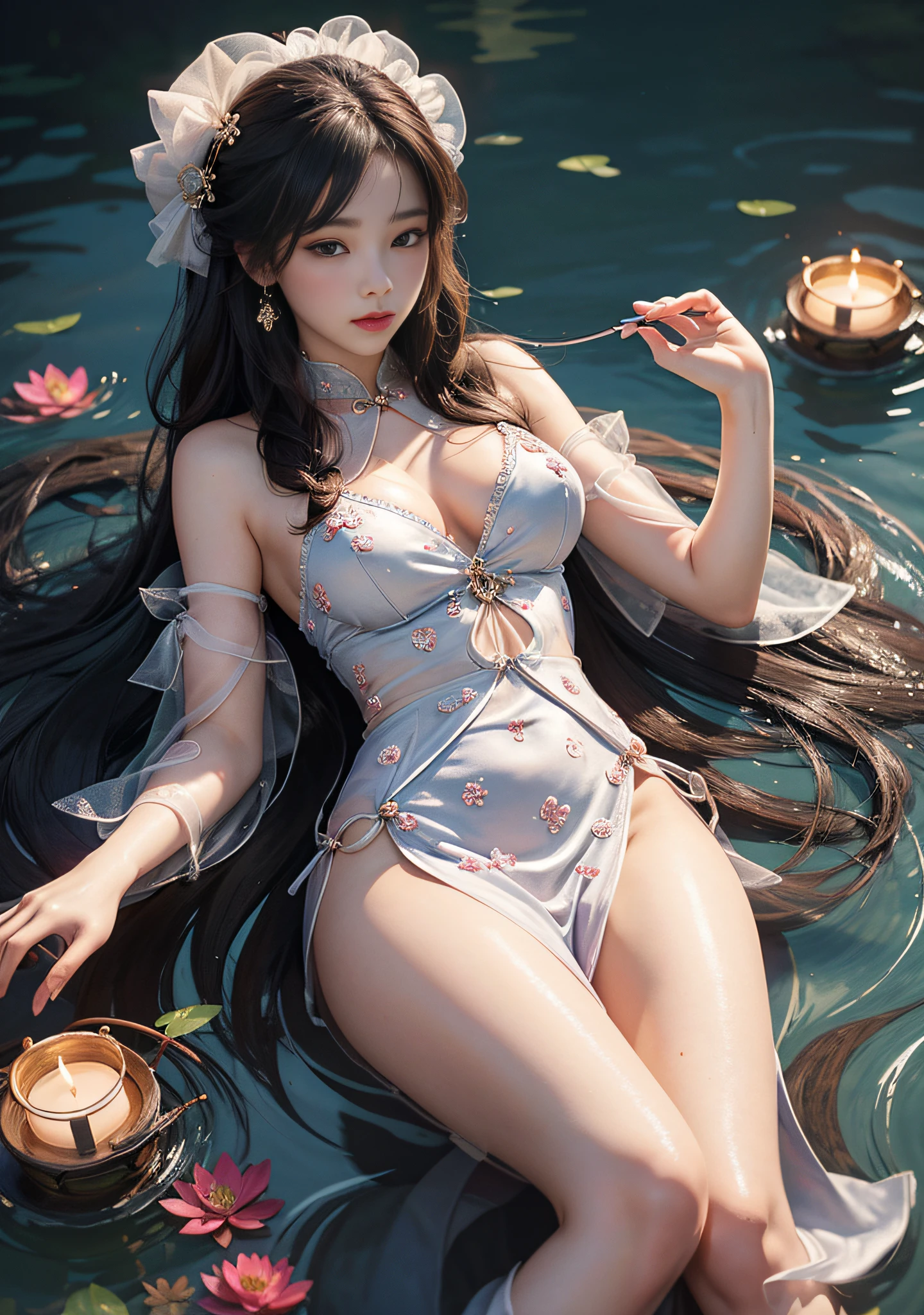 Lying on the surface of a clear lake, red carp in the water, art depicts a charming woman, 2 hands, 2 legs, delicate face, normal face, dressed in a flowing, silky traditional oriental dress, long, taro purple, decorated with intricate patterns and bright colors. Her dress drapes elegantly over her curvy figure, accentuating her seductive silhouette. She sits gracefully by the tranquil lotus lake, her feet playing in the water, bathed in the soft glow of the moonlight. The scene exudes an ethereal and dreamy atmosphere, with a touch of mystery and sexiness. The graphic style blends watercolor and digital illustration techniques to evoke a refined beauty and charm. The lights are filled with soft moonlight, casting soft highlights and shadows on her charming features. Bare thighs, big breasts, three-dimensional facial features, lying on the stomach, upturned legs, side braids