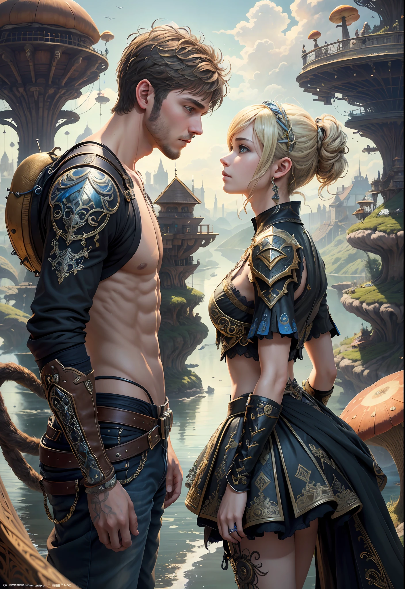(((Multiplayer, Man and Woman))), Best Quality, Realistic, Realistic, Award-Winning Illustrations, (Intricate Details: 1.2), (Fine Details), (Intricate Details), (Cinematic Light, Best Quality Backlight), Clear Lines, Sharp Focus, Official Art, Unity 8k Wallpaper, Ridiculous, Incredibly Ridiculous, Fantasy Art, RTX, ((Award-winning Triangle Studio Close-up Photo)), 1 Boy, (Shut Up), Best Quality, 4K, beautiful mysterious creatures, blond male, flying, surrealism, masterpiece of NCWINTERS, masterpiece in mysterious country town, masterpiece, intricate details, ff14style, urban painting, bridge, river, giant mushroom, landscape, bright colors,