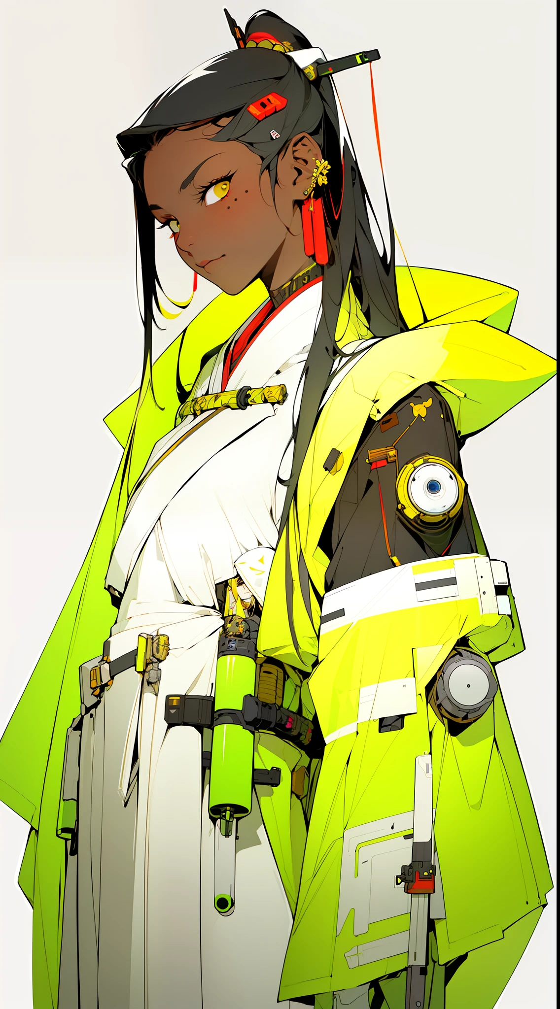 (Masterpiece, Top Quality, Best Quality), ((Cyberpunk Style, Robotic Arm, Hololo, Surreal Science Fiction Art, Future Science Fiction Aesthetics)), (1 Girl Solo), Close Up, (Resolute Eyes), (Ancient Chinese Clothes, White Robe, Embroidered Collar Uesugi, White Big Sleeve Shirt, Streamers), (Hairpin, Long Black Hair, Weapons), (Hanfu), (Clear Facial Features, Detailed Skin Texture, Beautiful Face), White Background, Earrings, Yellow Skin, Standing, (((flat color))),