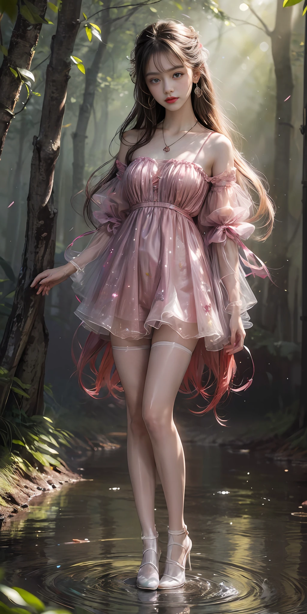 (best quality, masterpiece, high resolution, glow, flood, lens glare, wide angle), sunlight, full body, 1 [Chinese|Russian|Japanese|Korean] girl, ((plum red:1.1) clothes), necklace, jewelry, long hair, earrings, super delicate face, beautiful face, full face blush, (perfect eyes) and ( long eyelashes: 1.4), glowing pupils, (white stockings: 0.9), realism, (high detail skin: 1.2), 8k ultra hd, DSLR, high quality, volumetric lighting, frank, high resolution, 4K, 8K, background bokeh, dream forest, radiant garlic, feather drop effect, morning, foreground, f/16