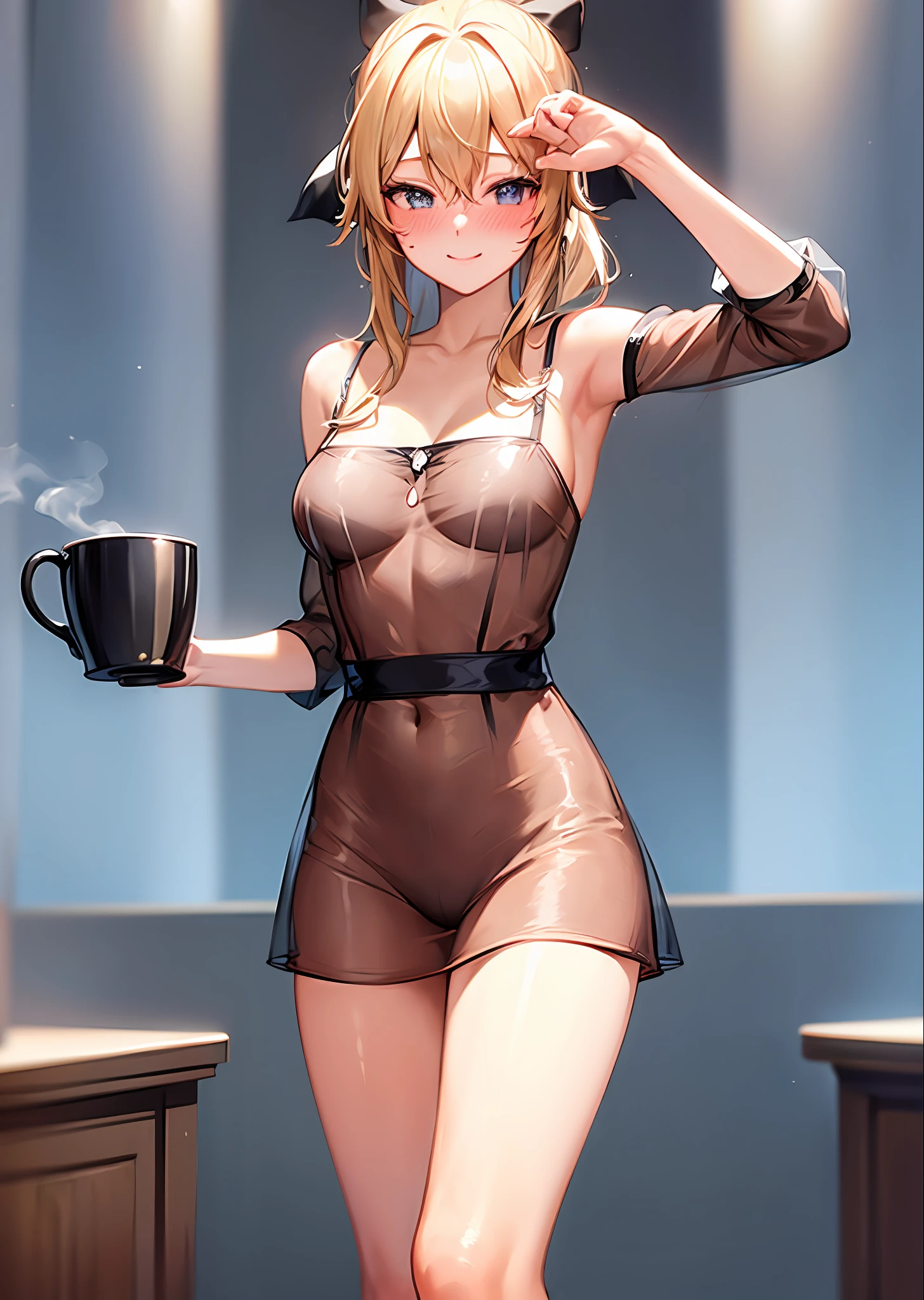 (Naked:1.4), (See-Through Lingerie:1.3), (Blushing:1.4), Smile, Cowboy Shot, ((A Cup)), Full Body, Underwear, Blonde Hair, Medium Hair, Brown Eyes, Medium Tone Skin