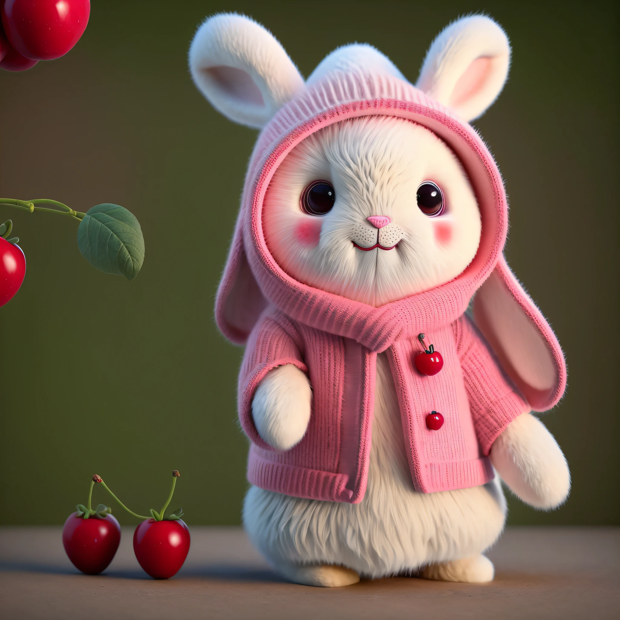 &quot;(An artwork by ) Realistic, furry bunny (dressed in clothes), with an apple in his hand and dark circles and blush on his face. Cherries, strawberries, tomatoes and watermelons are strewn around the entire body. The rabbit wears a fancy hat and is a non-human character.&quot;