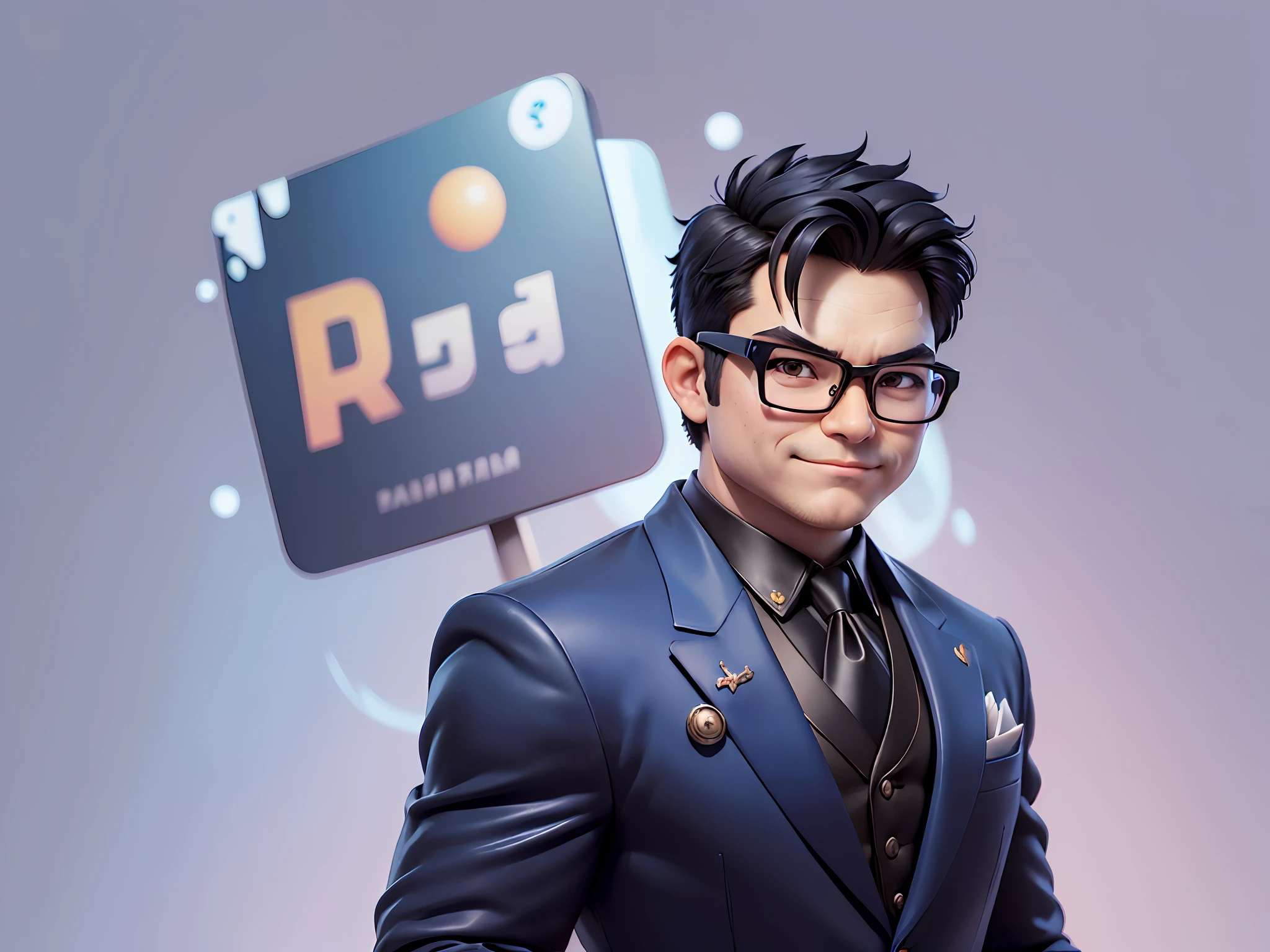 (((Masterpiece), (Excellent), (Super Meticulous), (Full Body: 1.2), Super Young Man, Oriental Face, Japanese Wind and Thunder God, Dragon, Tiger, TV Anchor, Bust Portrait Illustration, Alone, Black Formal Suit, Blue Tie, Slightly Chubby Face, Silver Glasses Face Very Clean No Beard, Black Super Short Hair, Black Eyes, Confident Smile, 3c Computer Sub-Products, iPad, iPhone, Digital Painting, 3D Character Design by Akira Toriyama and Mark Claireden and Pixar and Hayao Miyazaki, The illustration is a high-definition illustration in 4K resolution with very detailed facial features and cartoon-style visuals.
