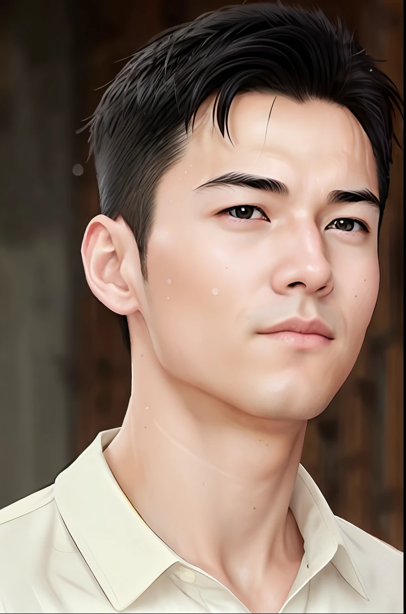 two-dimensional, anime style, masculine, masculine characteristics, muscles, correct proportions, face details, young men, tie shirt, sweating, sweaty face, neck details, with Adam's apple, wet, wet, uniform, clothes details, long sleeves, game quality, light tracing, ray tracing, detail glow, CG rendering, hair details, short black hair, golden eyes, facial details, face close-up, sweaty face, men, masculine, handsome, sweat beads slipping down the neck, tall and mighty, complex clothing, drenched, wet, perfect composition, Refinement, close-up, high quality, more details, face details, a lot of details, complex background, atmosphere,