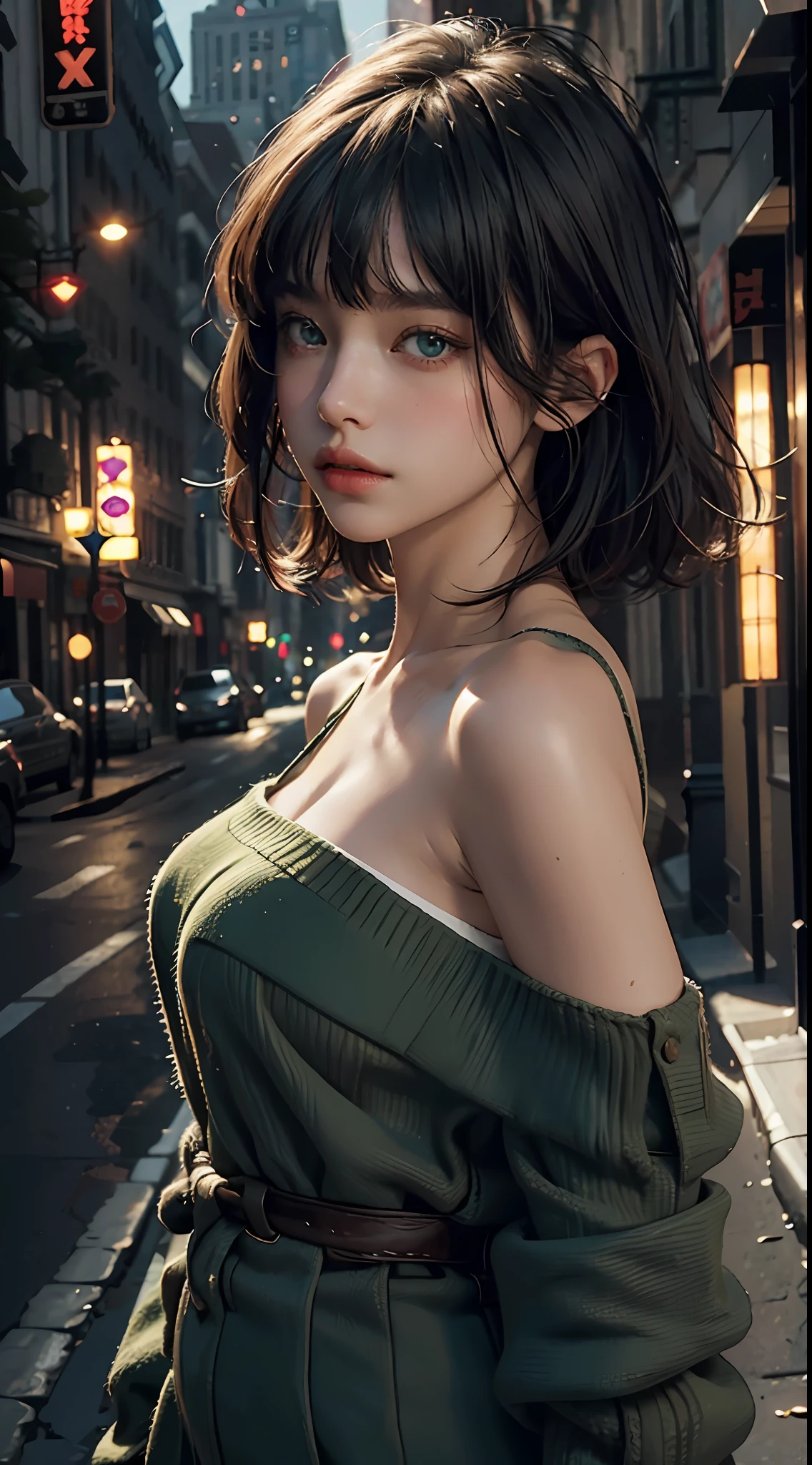 Best Quality, Masterpiece, Ultra High Resolution, (Realisticity: 1.4), Original Photo, 1Girl, Green Eyes, Off-Shoulders, Cinematic Lighting, Bangs,