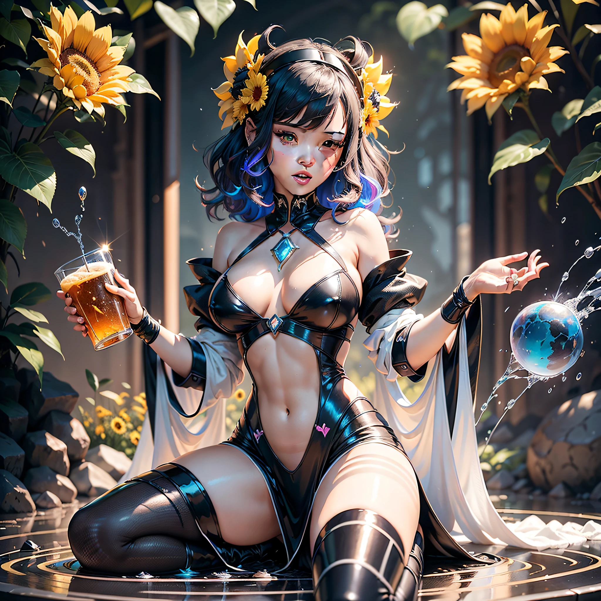 play Rihanna 38years tanned cosplay Goddess raw Pool "Water Falls" water drop of water equirectangular 360 meticulously intricate Pro-photorealism angle below" masterpieces (Guweiz and James Jean) tattoo CGSCOSITY absurd sunflower headgear short hairstyle interiors Agathe colorful hijab discreet yellow-saffron delicate face expressive effects pearl turquoise ultra-beautiful eyes lazuli opal open mouth teeth smile (detailed high skin: 1.3) Suave athlete:1.3 Attractive jacket:1.3 Open shoulders:Off Lace:1.3 White Shirt:1.3 Open Clavicle Sleeves:1.3 Papillotes:1.3 White silk satin Large drooping breasts:1.3 Spread pointed covered Corait:1.3 Strange felts Seams navel skirt:1.3 Wide fringes swinging thick spinel pubic leathers:1.3 covered:1.2 imposing partially occult pubic hair Thighs covered garters:1.3 Legs boots:1.3 Solid voluminous black furs abundant sun lights illuminations luminescences depths reflections optimal resolutions perfections ultra precise maximum lightnings contrasts global illuminations cgi vfx sfx reflex ultra details Octane made extreme improved graduated UHD XT3 16K DSLR HDR UnrealEngine5 romm rgb pbr 3dcg fxaa blu-ray colors-coded backlights anti-aliasing fkaa txaa rtx ssao opengl-shaders glsl-shaders post-processing post-production cell-shading tone-mapping obscure Crystalline DoF robot female "Heavy Metal" dark navy metallic familiar dominent pole-dancing magic water drop of water snake fountains drink beer wheels slide "Buck-Beer" transparent mirror ruby occult earth (Magic Disco=Ball fullbodye Earth blooms:1.3 graduated heart hearth earth flowers:1,0.3 ) dramatic negative background outdoors Earth:1.3 Galaxy