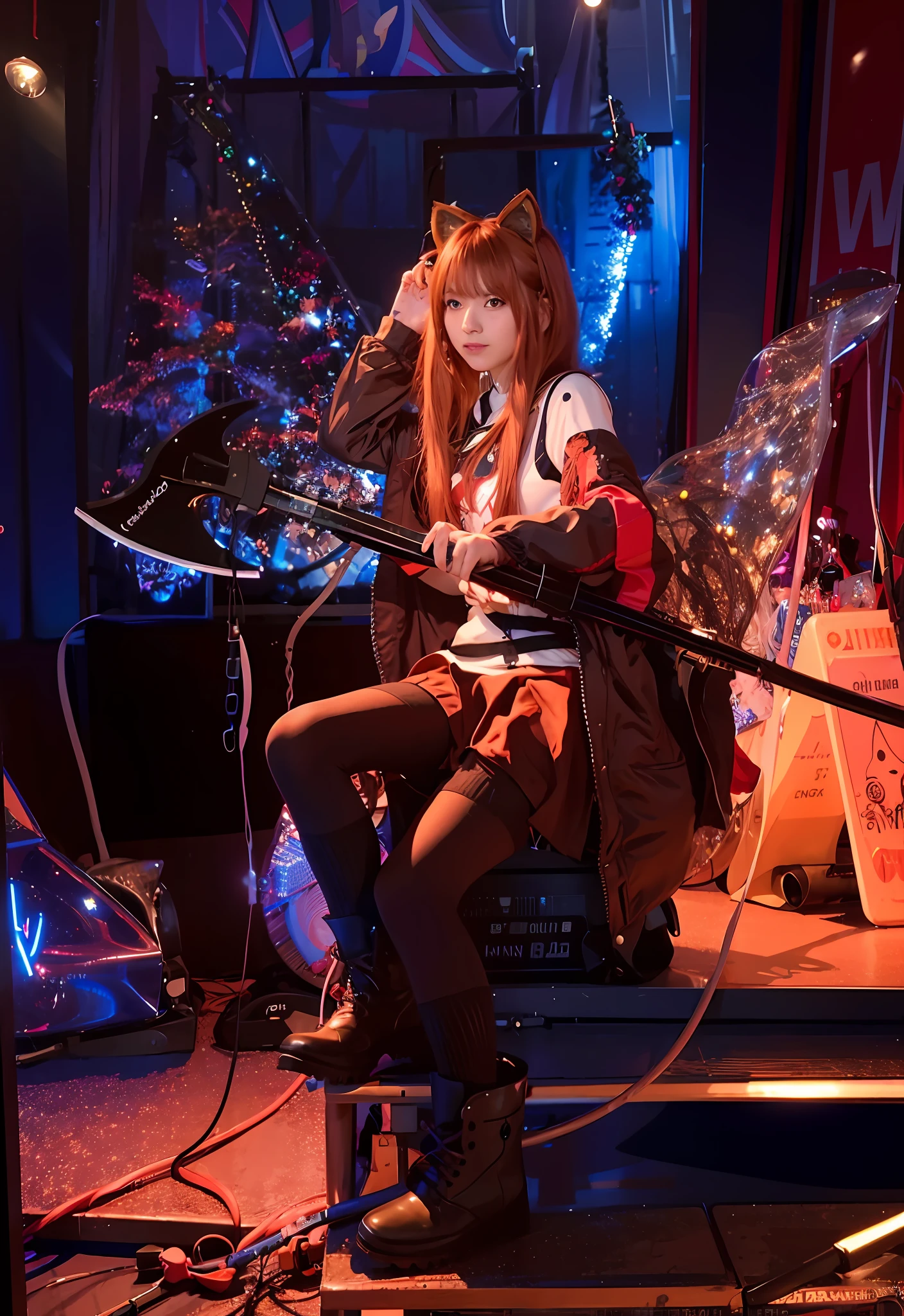 there is a woman sitting on a stage with a guitar, ayaka cosplay, sh, asuka langley soryu, e - girl, e-girl, asuka langley, cyber punk setting, anime girl cosplay, portrait of radical loliirl, asuka langley sohryu, cyber space cowboy, holo is a wolf girl, japanese cyborg