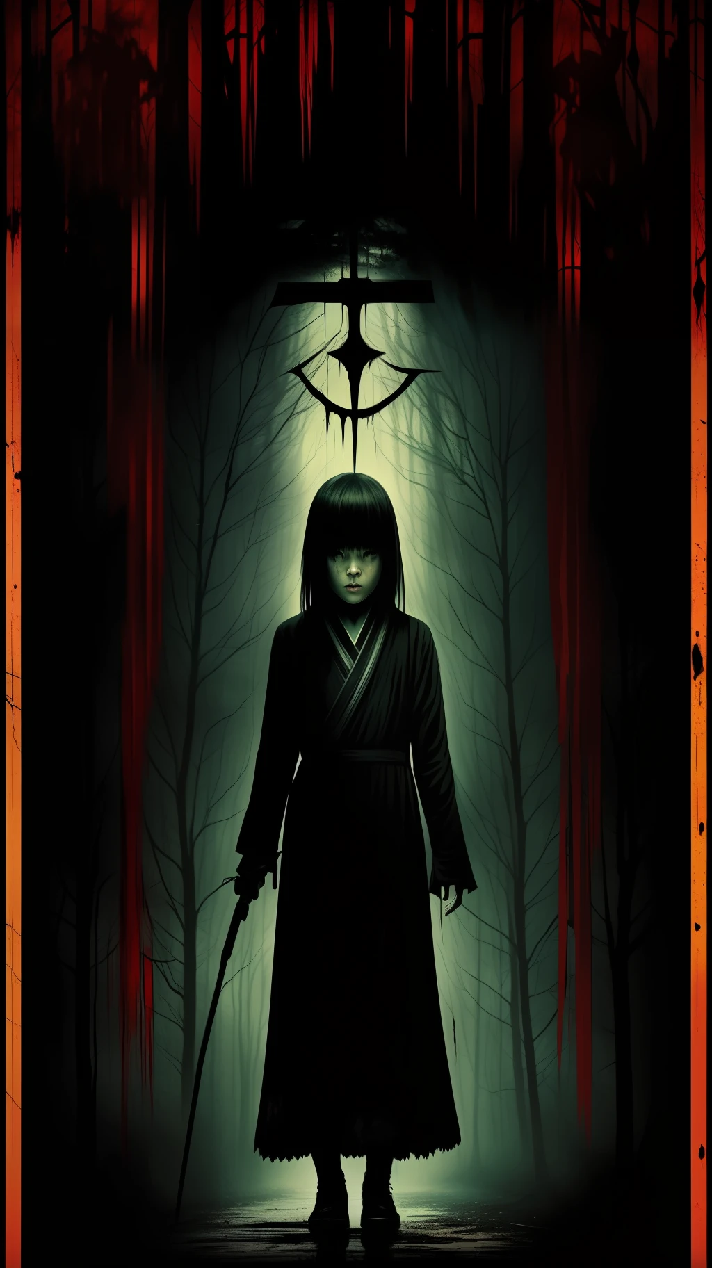 (horror movie poster, super detailed, really creepy), scary girl at center with flashlight, terrifying, impressionism, horror style, (HD 8k movie poster, dark slasher), (blood), (shadowy figure, eerie atmosphere), (cinematic mood), (japanese horror movie poster)