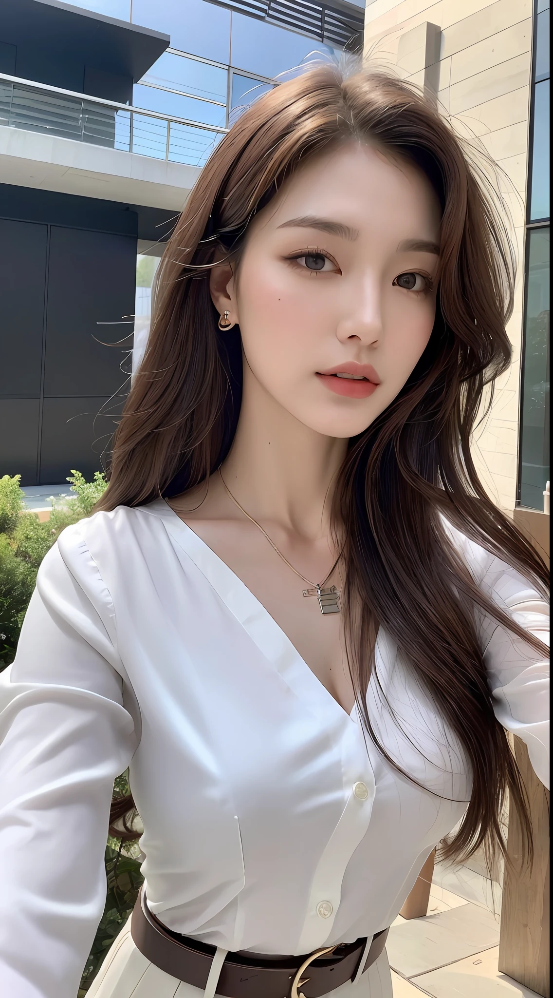 (Best quality, High resolution, Masterpiece :1.3), A tall and pretty woman, Slender abs, Dark brown hair styled in loose waves, Breasts, Wearing pendant, White button up shirt, Belt, Black skirt, (Modern architecture in background), Details exquisitely rendered in the face and skin texture, Detailed eyes, Double eyelid