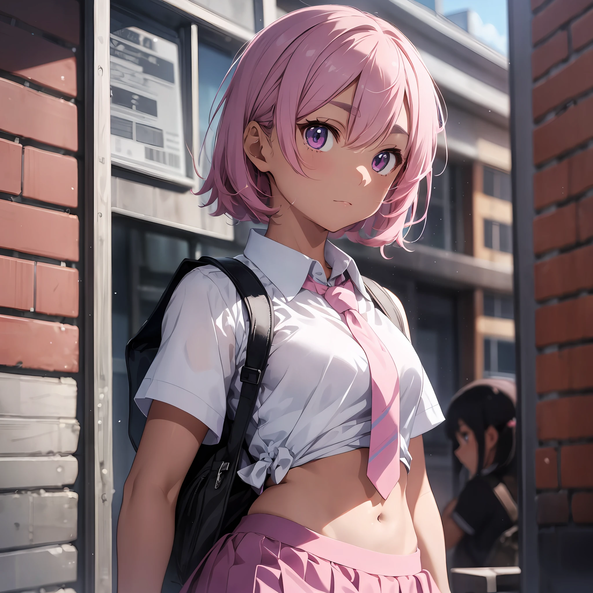 Tattoo below the navel, school uniform, pink tie, light blue short-sleeved shirt, black skirt with pink lines printed, thick eyebrows, leather backpack, (dark skin: 1.3), brown skin, movie lighting, small, beautiful light pink hair, (masterpiece), ((highest quality)), (super detailed), glossy skin, full body anime girl, solo, clean and detailed anime face, High resolution anime eyes, five fingers, textile shading, perfect human structure, perfect anatomy,