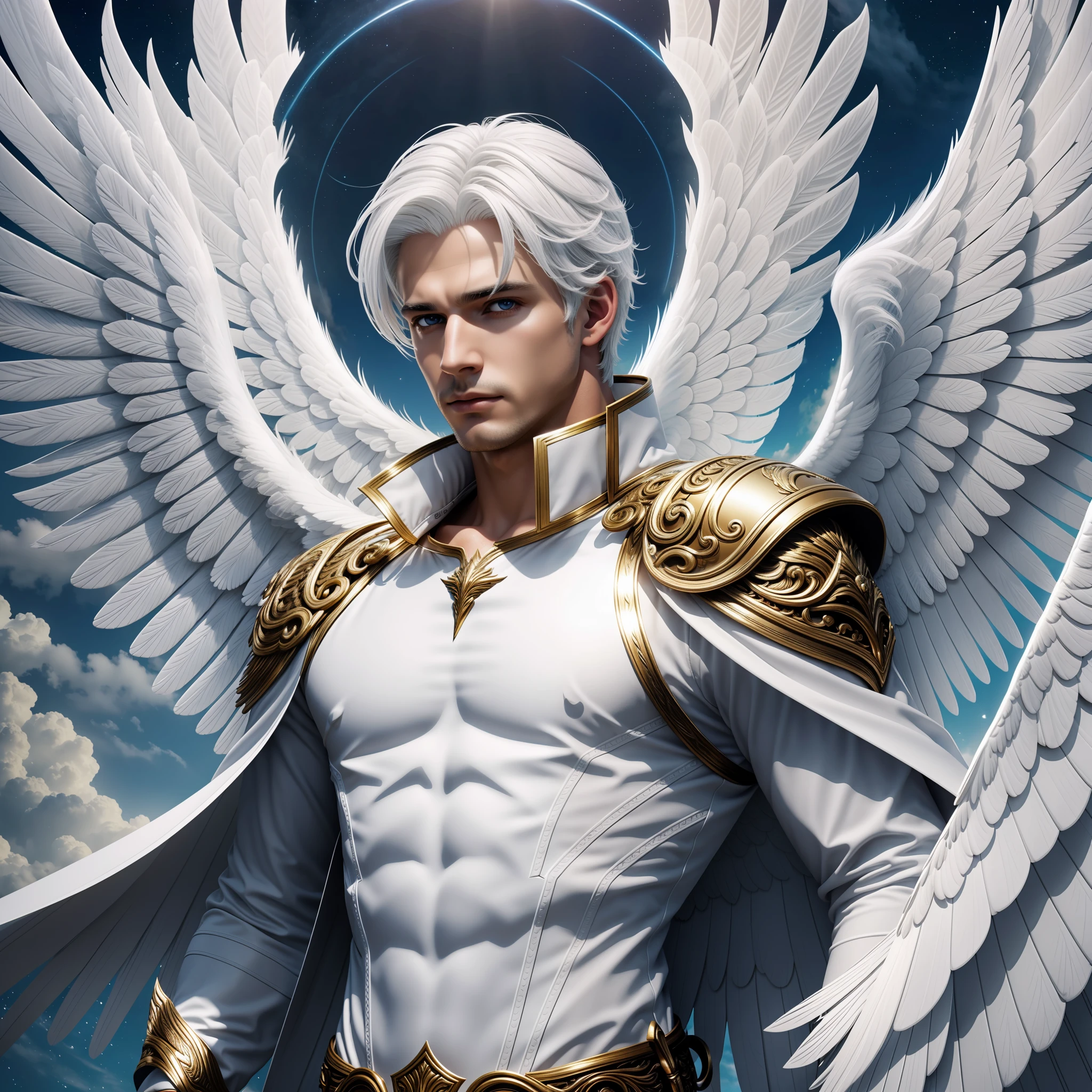 Close-up of a man with white hair and wings, majestic angel with a whole body, young angels, handsome face, winged boy, attractive male god, male halo, archangel, heaven background,Cinematic,Vfx eye catching heaven background