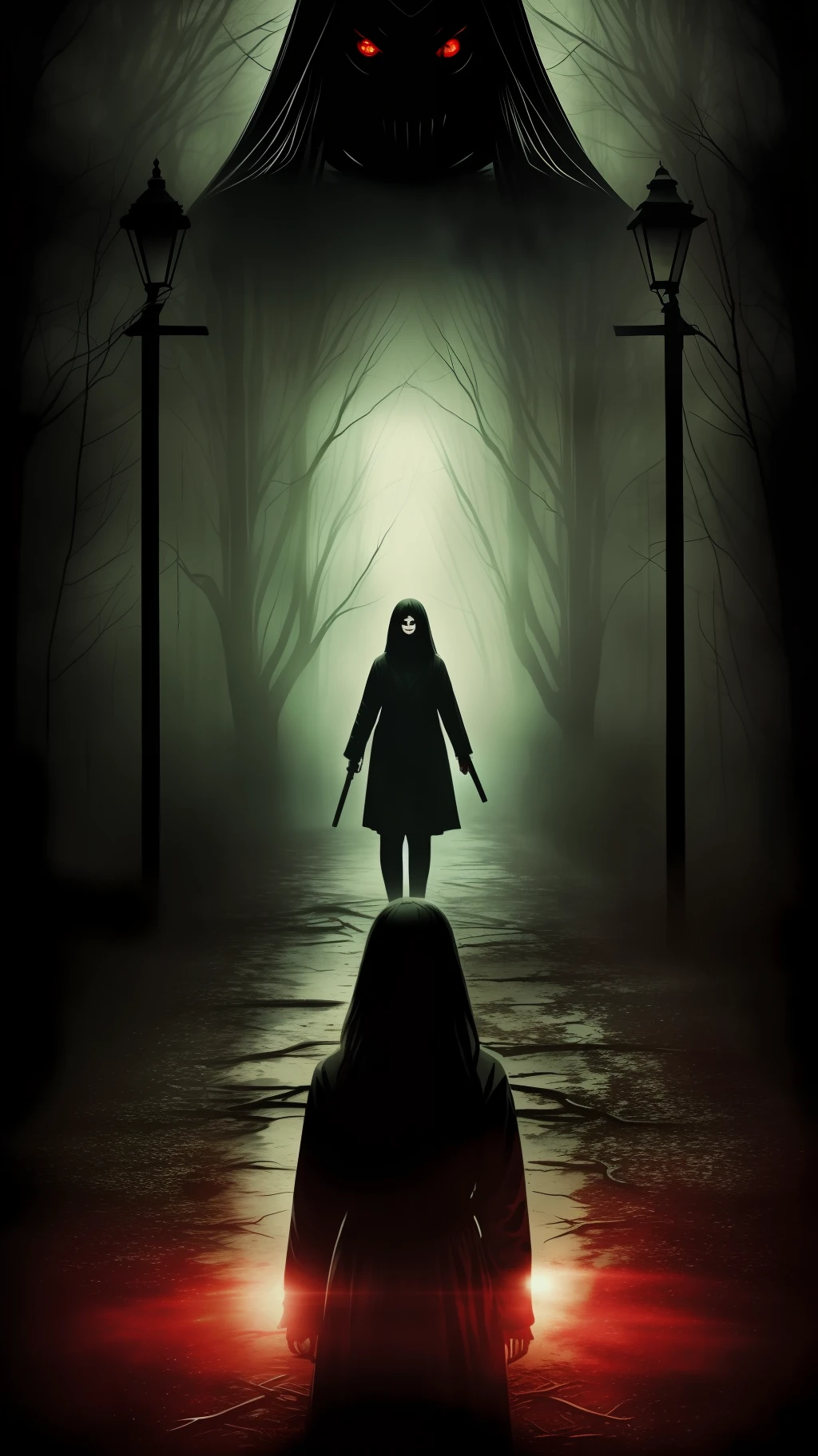 (horror movie poster, super detailed, really creepy), scary girl at center with flashlight, terrifying, impressionism, horror style, (HD 8k movie poster, dark slasher), (blood), (shadowy figure, eerie atmosphere), (cinematic mood), (japanese horror movie poster)