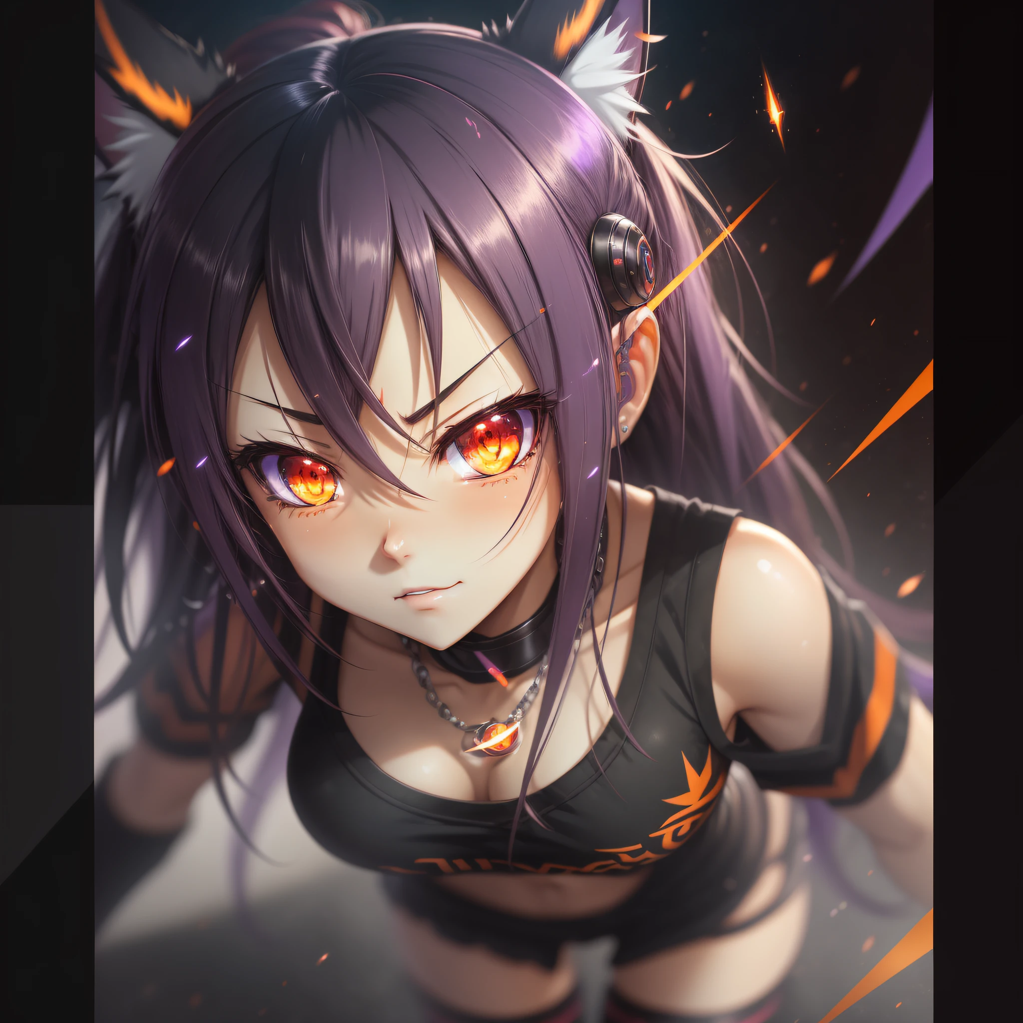 Half orange and half black hair, hair bobbles, longeyelashes, deep eyes, circle eyes, red and purple eyes, fox ears, devil smile, devil eyes, tsundere ear blush, fang, RPG style, manga style , full body, short clothes, transparent panties, hidden, short body, slim body, athletic body, washboard abs, strong body, hurt, hurt, hurt, hurt, Surrealism, drop shadow, anaglyph, stereogram, tachi-e, pov, atmospheric perspective, anime style, Surrealism, 8k, super detail, ccurate, best quality, best quality, best quality, textured skin, super detail --auto --s2