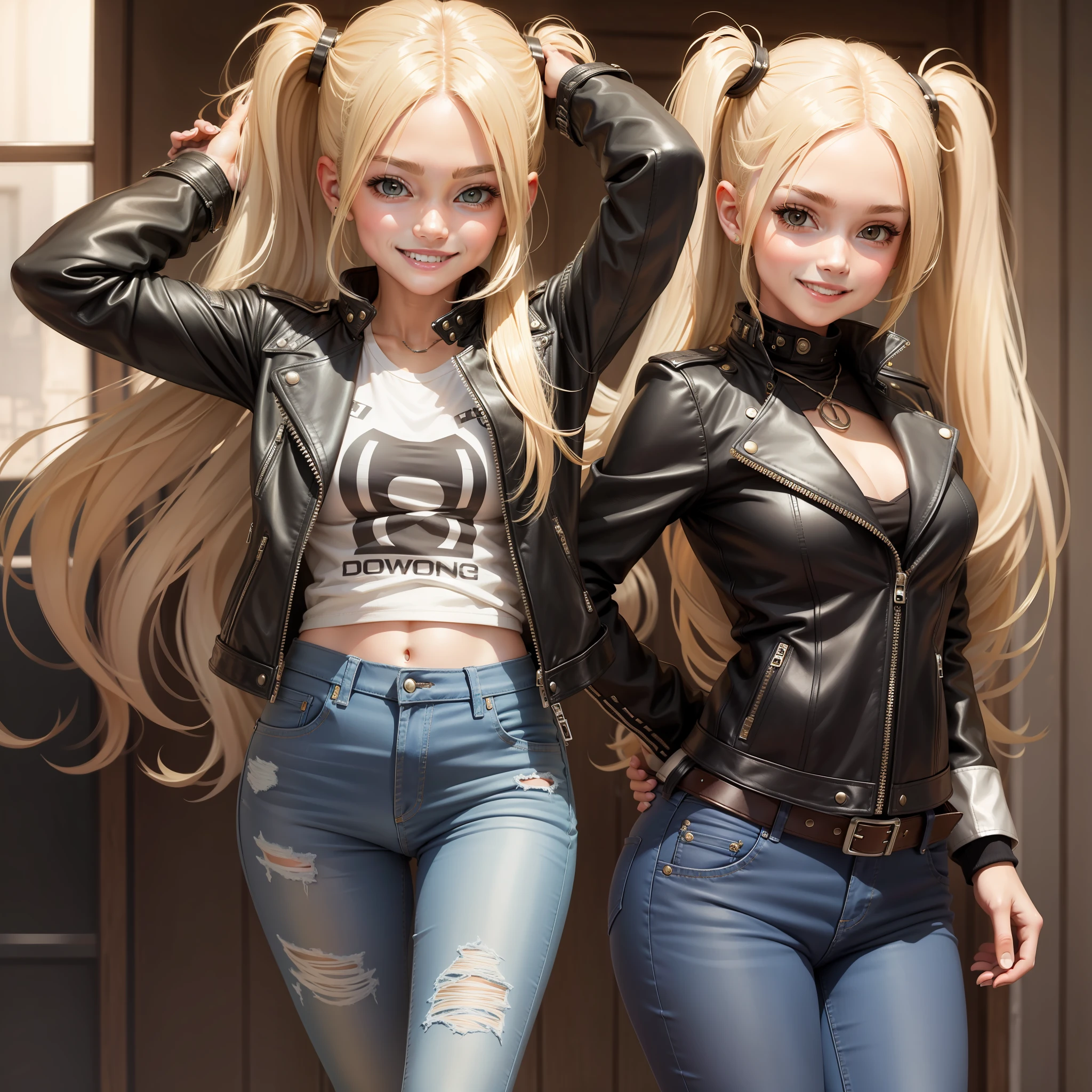 Leather jacket Girl Long Hair Top Quality Smile Blonde Masterpiece Jeans Twin Tails