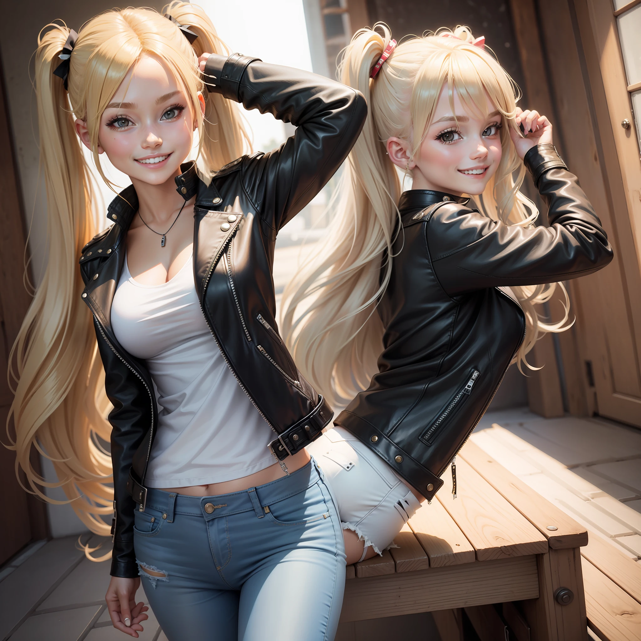Leather jacket Girl Long Hair Top Quality Smile Blonde Masterpiece Jeans Twin Tails