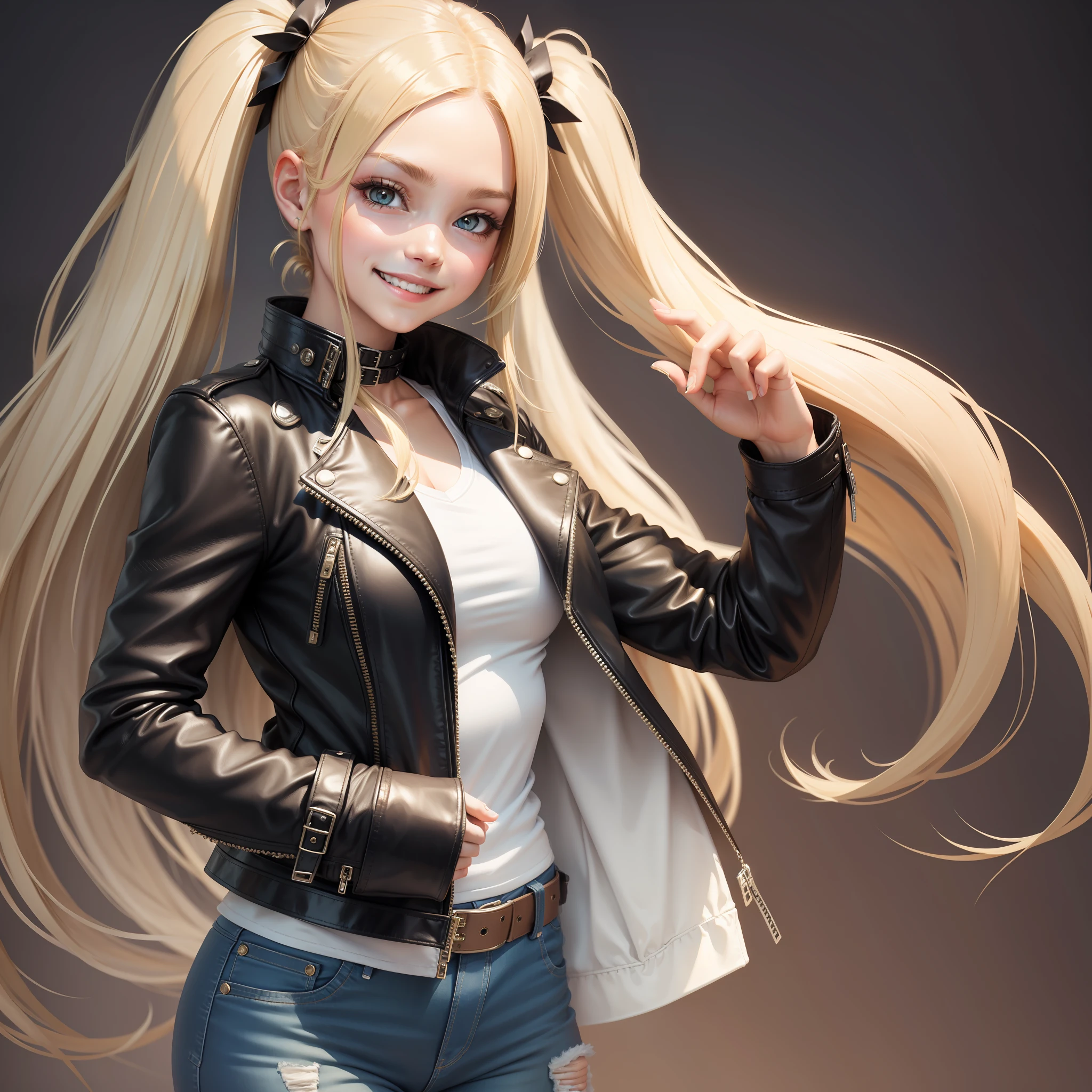 Leather jacket Girl Long Hair Top Quality Smile Blonde Masterpiece Jeans Twin Tails